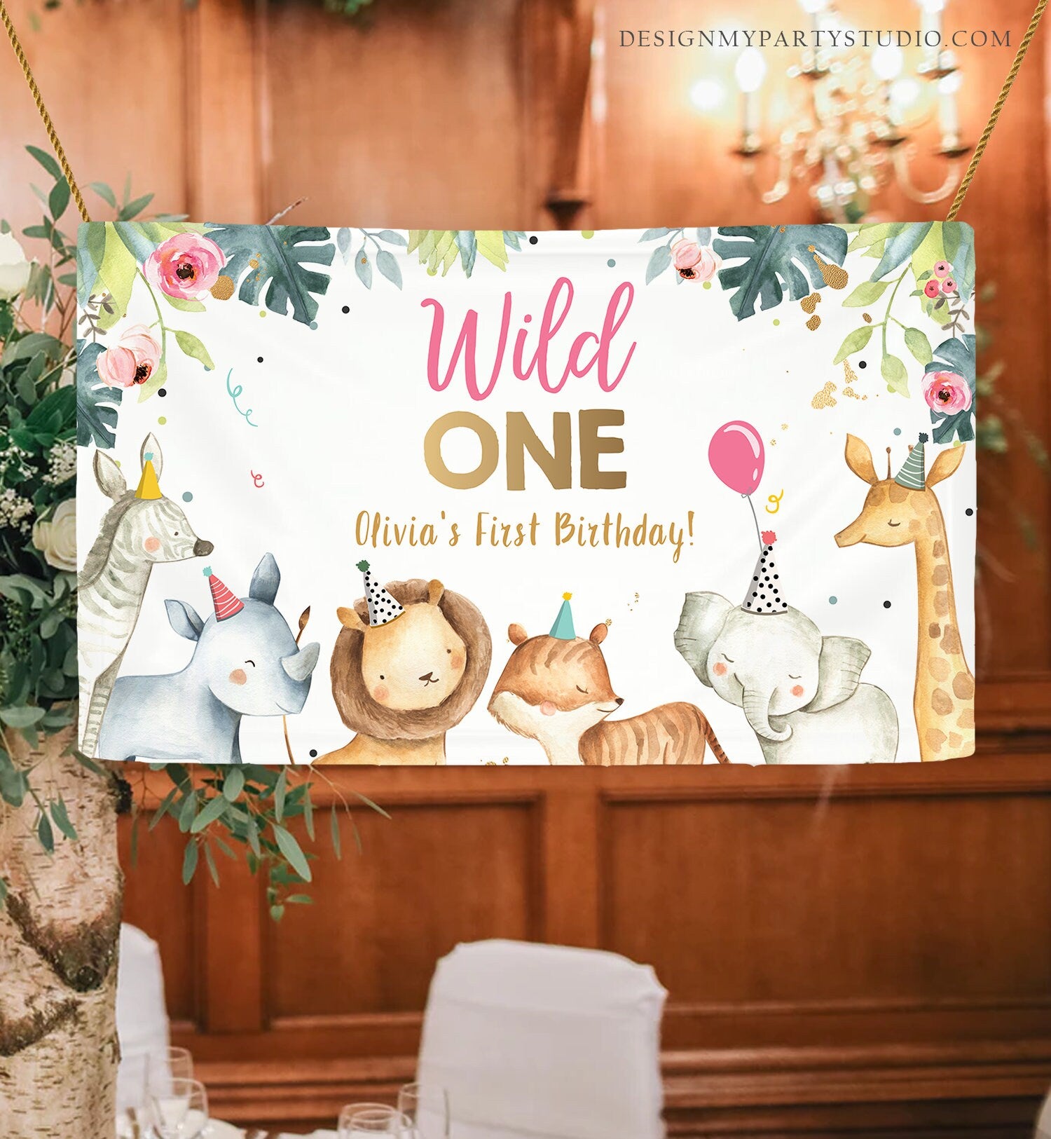 Editable Party Animals Birthday Backdrop Banner Safari Animals Girl Wild One 1st First Birthday Welcome Sign Corjl Template Printable 0163