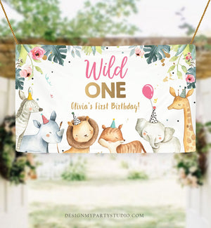 Editable Party Animals Birthday Backdrop Banner Safari Animals Girl Wild One 1st First Birthday Welcome Sign Corjl Template Printable 0163