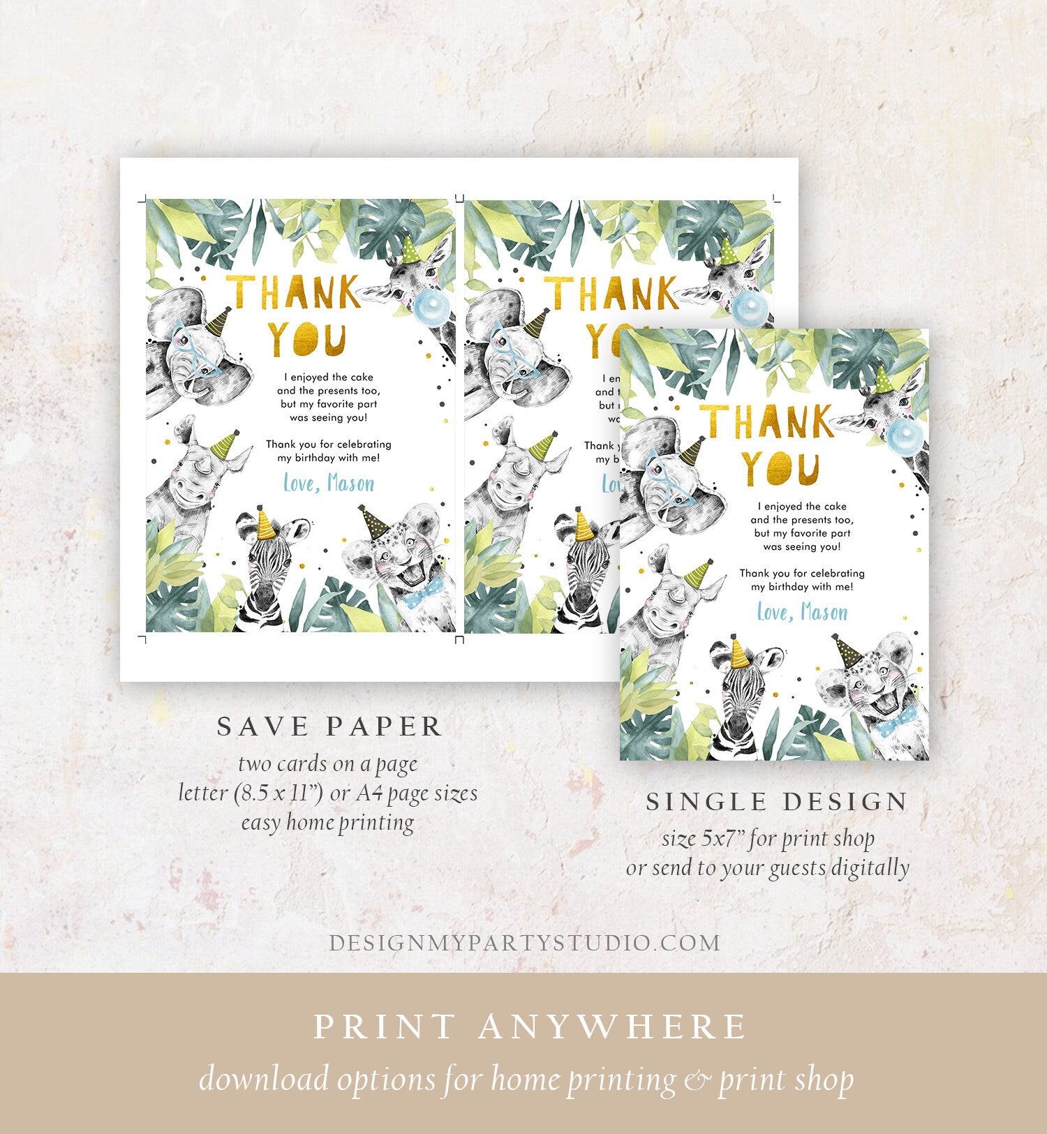 Editable Thank You Card Safari Animal Wild One Two Wild Thank You Note Boy Blue Gold Jungle Zoo Party Animal Digital Template Printable 0322