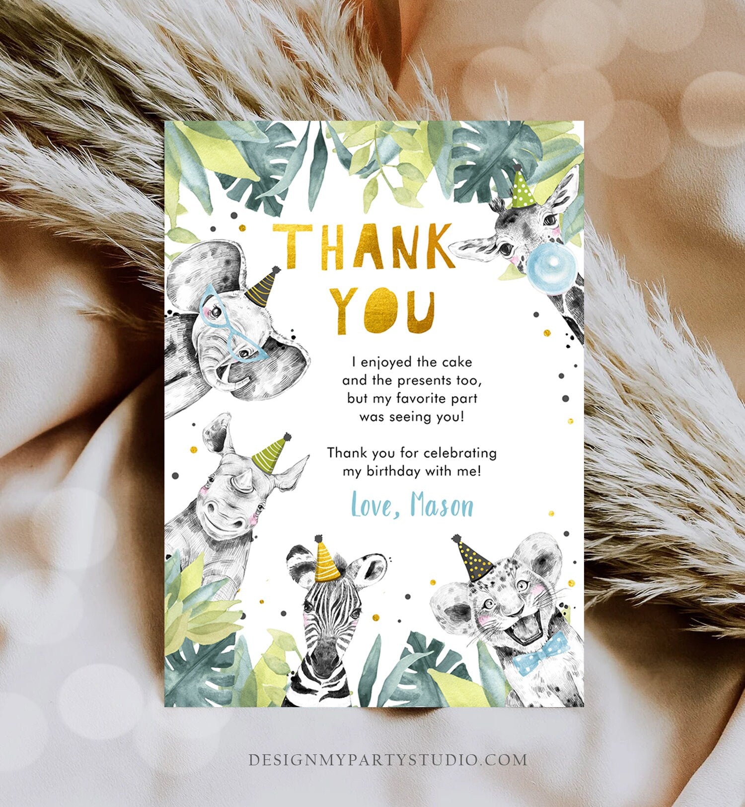 Editable Thank You Card Safari Animals Wild One Two Wild Thank You Note Boy Blue Gold Jungle Zoo Party Animals Corjl Template Digital 0322