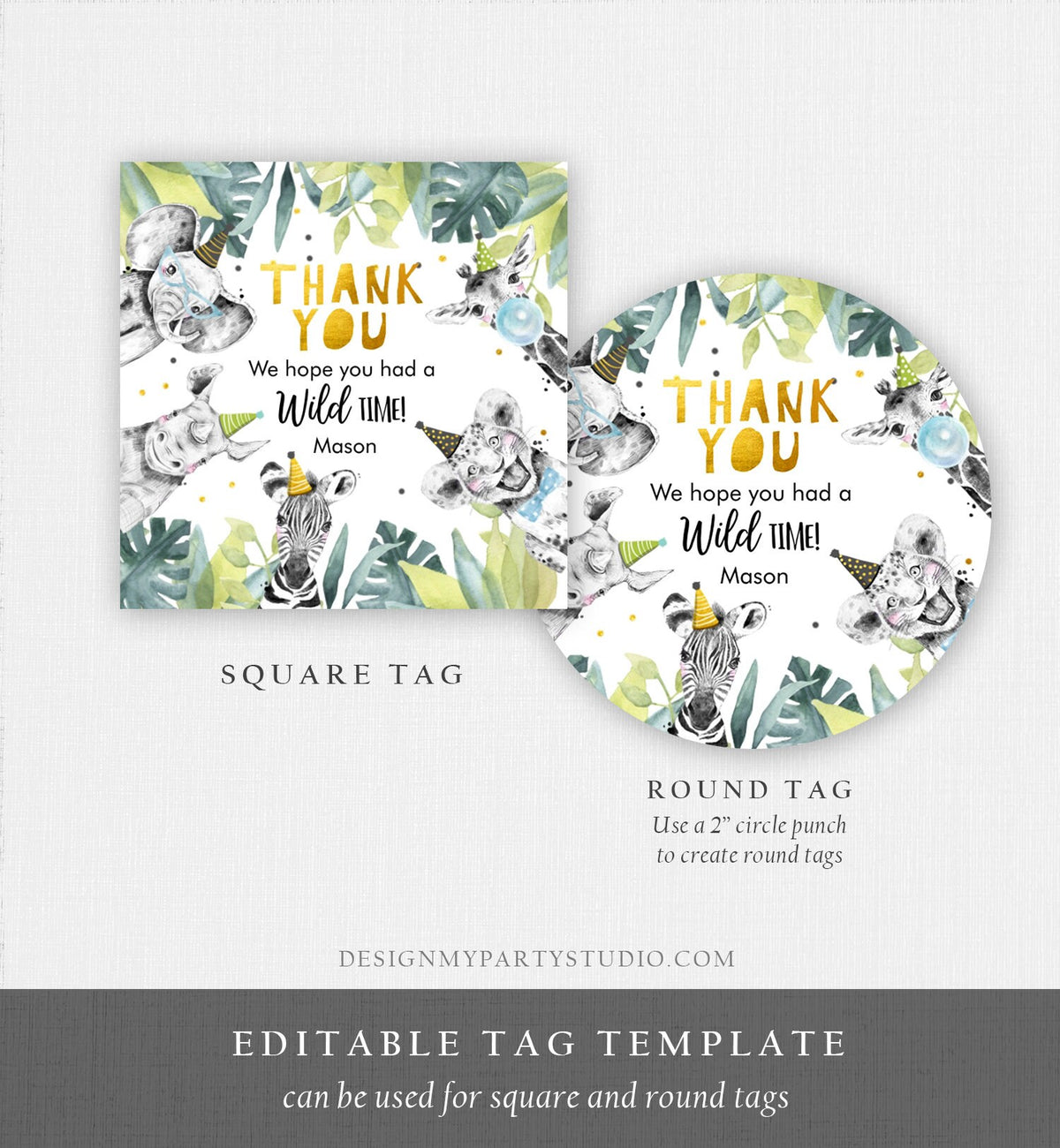 Editable Party Animals Favor Tags Wild One Animals Thank You Tag Safari Animals Zoo Birthday Wild Time Boy Stickers Template Digital 0322