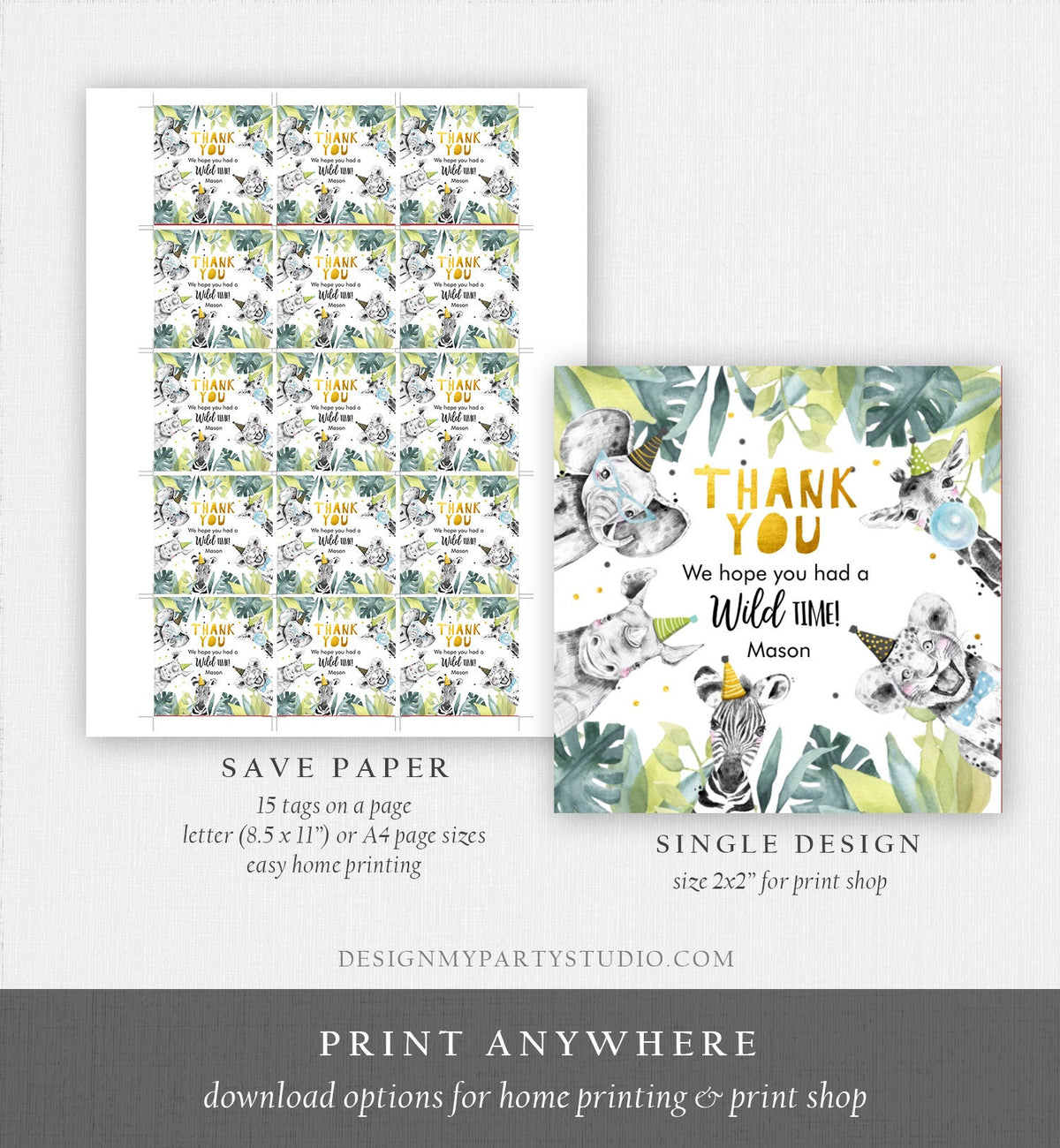 Editable Party Animals Favor Tags Wild One Animals Thank You Tag Safari Animals Zoo Birthday Wild Time Boy Stickers Template Digital 0322