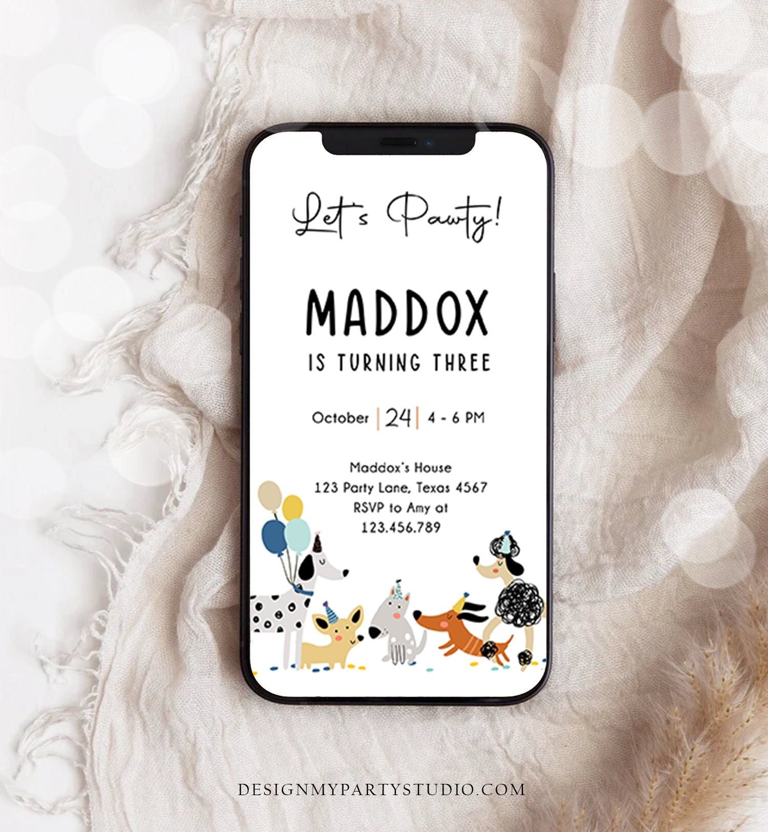 Editable Dog Birthday Party Evite Puppy Birthday Invitation Blue Boy Pawty Birthday Animal Electronic Digital Download Phone Template 0429