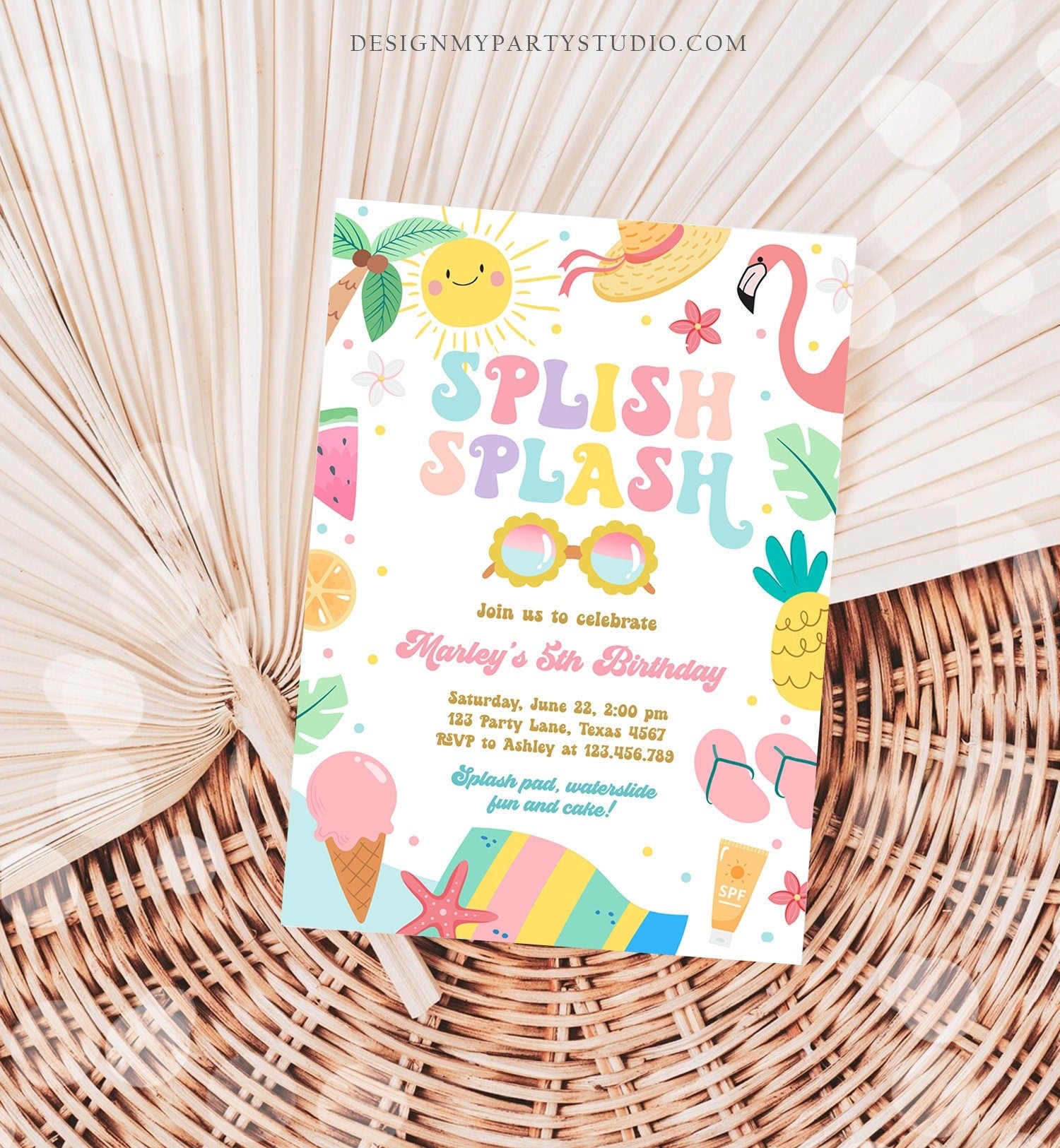 Editable Splish Splash Birthday Invitation Pool Party Girl Summer Waterslide Water Party Pink Download Printable Invite Template Evite 0465