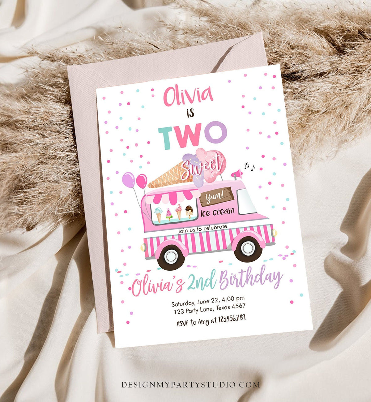 Editable Ice Cream Truck Birthday Invitation Two Sweet Birthday 2nd Second Birthday Party Scoop Pink Girl Digital Template Printable 0243