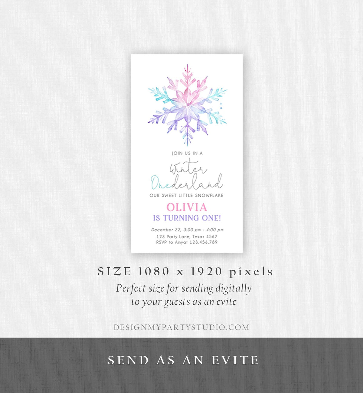 Editable Winter ONEderland Birthday Invite First Birthday 1st Girl Pink Purple Snowflake Watercolor Minimalist Corjl Phone Template 0494