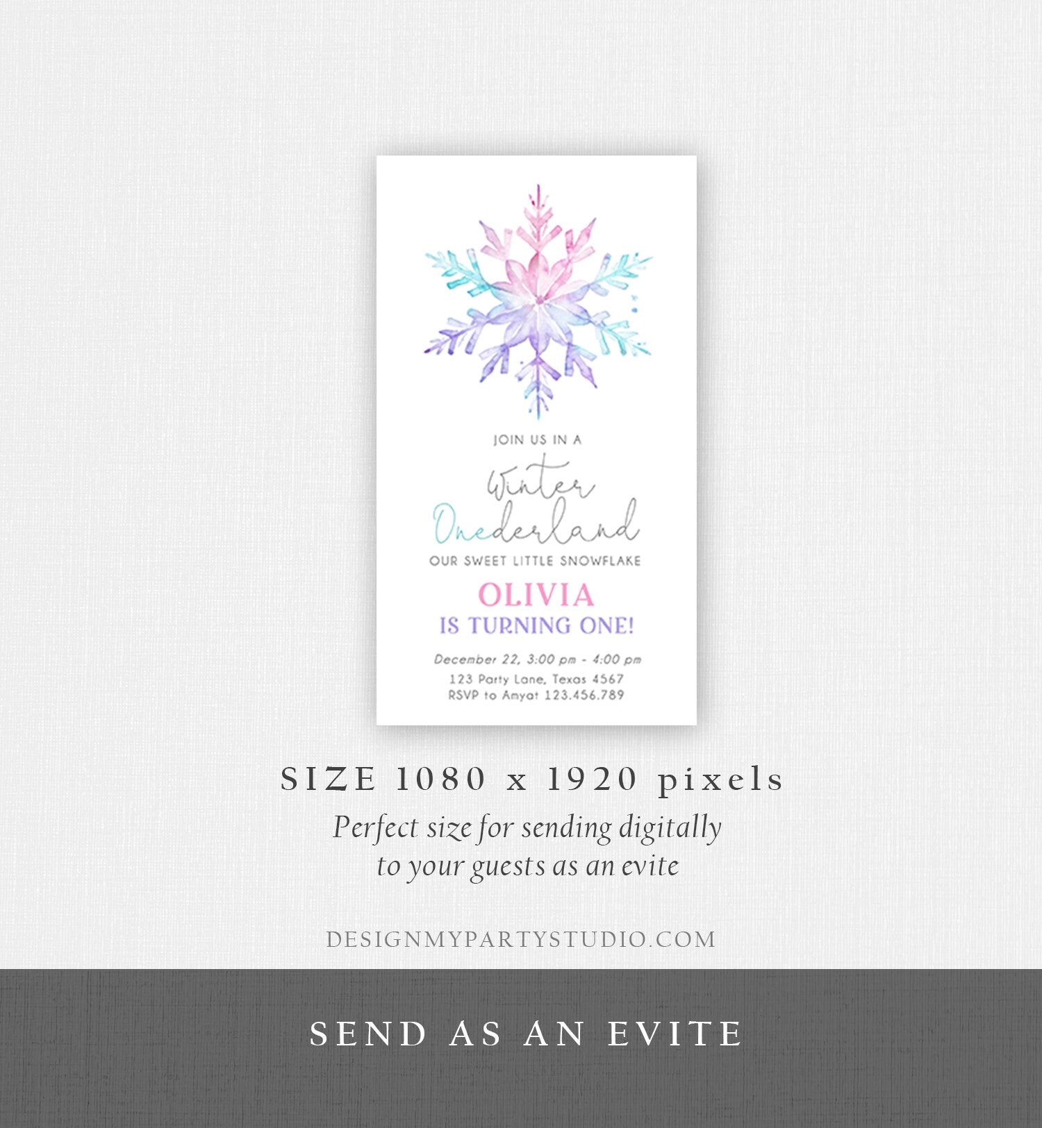 Editable Winter ONEderland Birthday Invite First Birthday 1st Girl Pink Purple Snowflake Watercolor Minimalist Corjl Phone Template 0494