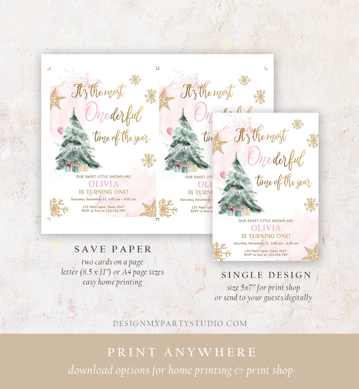 Editable Most Onederful Time Of The Year Birthday Invitation First Winter ONEderland Pink Gold Tree Christmas Snowflake Corjl Template 0363