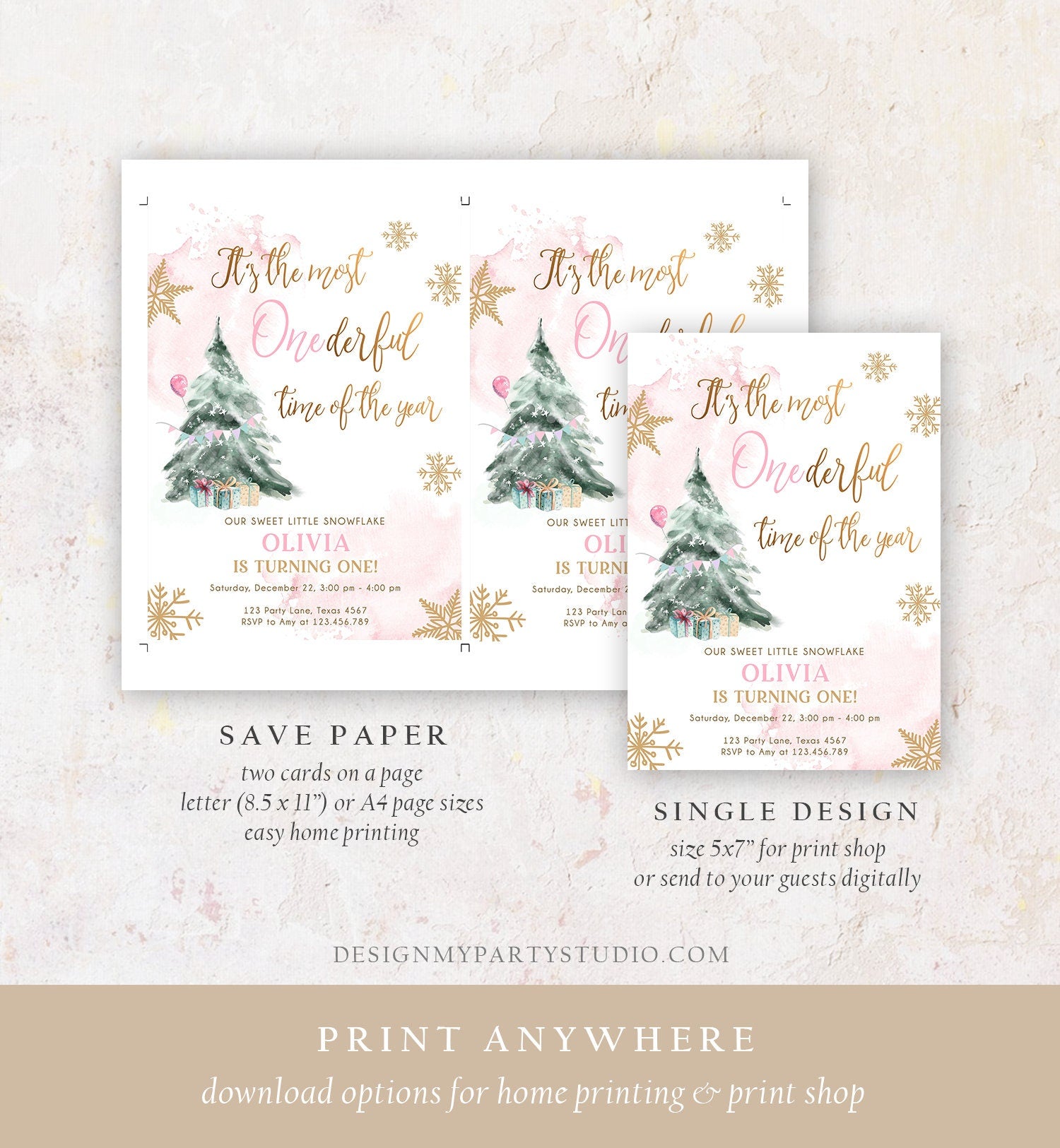Editable Most Onederful Time Of The Year Birthday Invitation First Winter ONEderland Pink Gold Tree Christmas Snowflake Corjl Template 0363