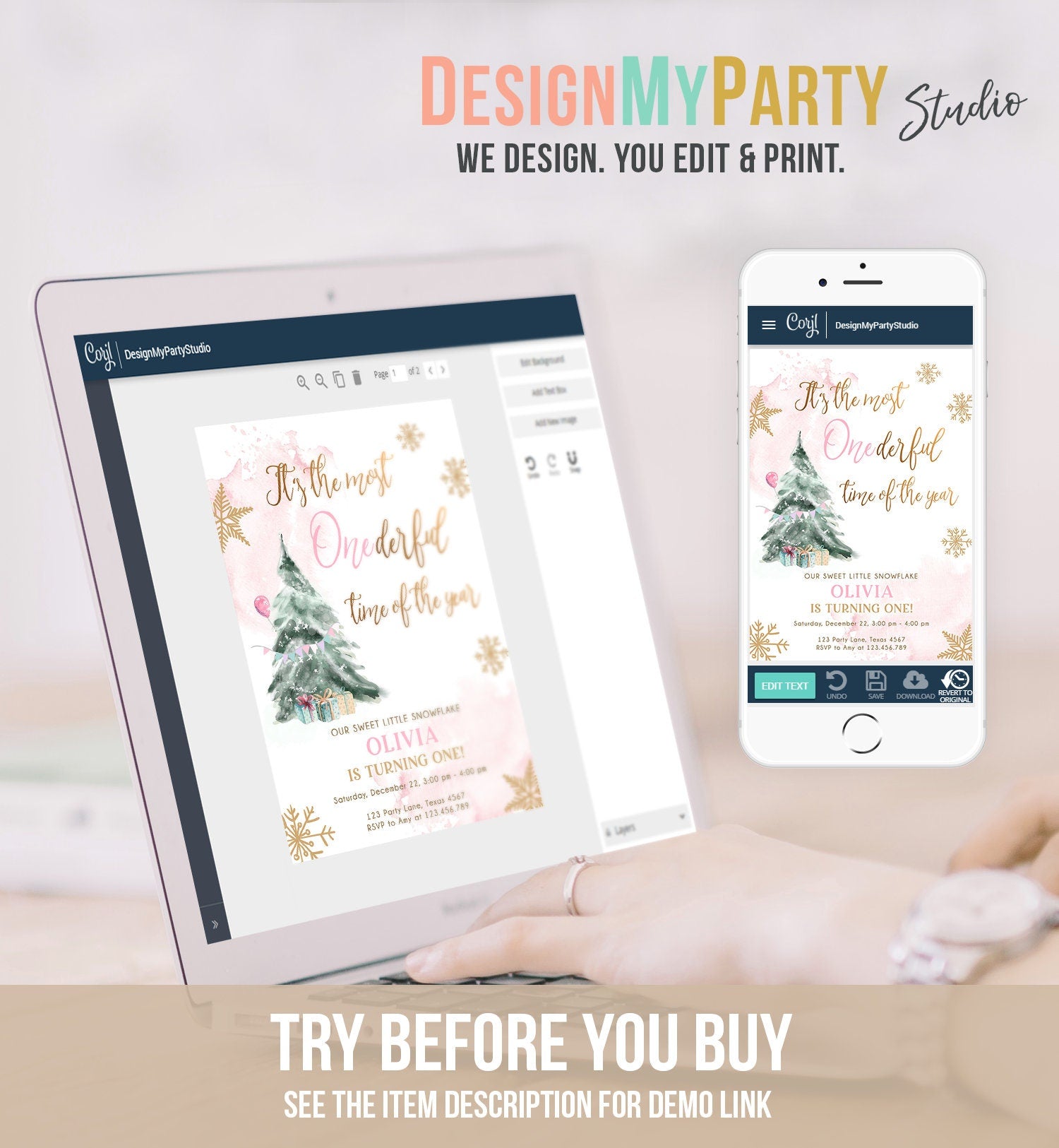 Editable Most Onederful Time Of The Year Birthday Invitation First Winter ONEderland Pink Gold Tree Christmas Snowflake Corjl Template 0363