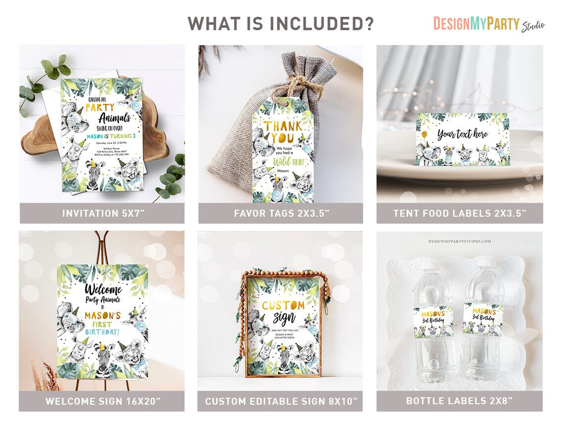 Party Animals Birthday Invitation Bundle Wild One Animals Zoo Safari Animals Boy Gold Party Pack Jungle Digital Template Printable 0322