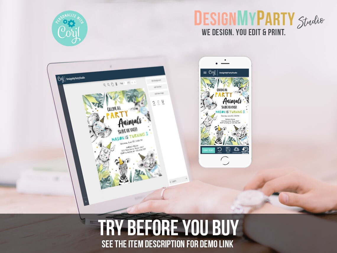 Party Animals Birthday Invitation Bundle Wild One Animals Zoo Safari Animals Boy Gold Party Pack Jungle Digital Template Printable 0322