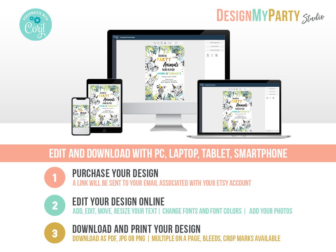 Party Animals Birthday Invitation Bundle Wild One Animals Zoo Safari Animals Boy Gold Party Pack Jungle Digital Template Printable 0322