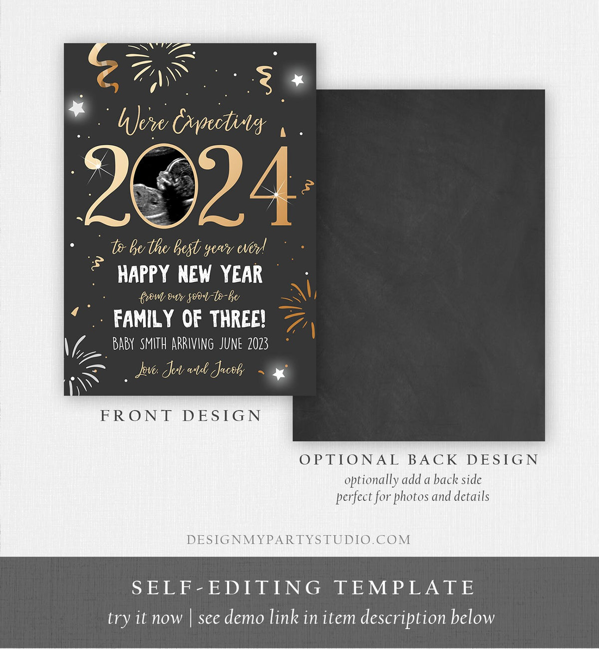 Editable New Year Pregnancy Reveal Card Pregnancy Announcement New Years 2024 Ultrasound Card Instant Download Digital Corjl Template 0280