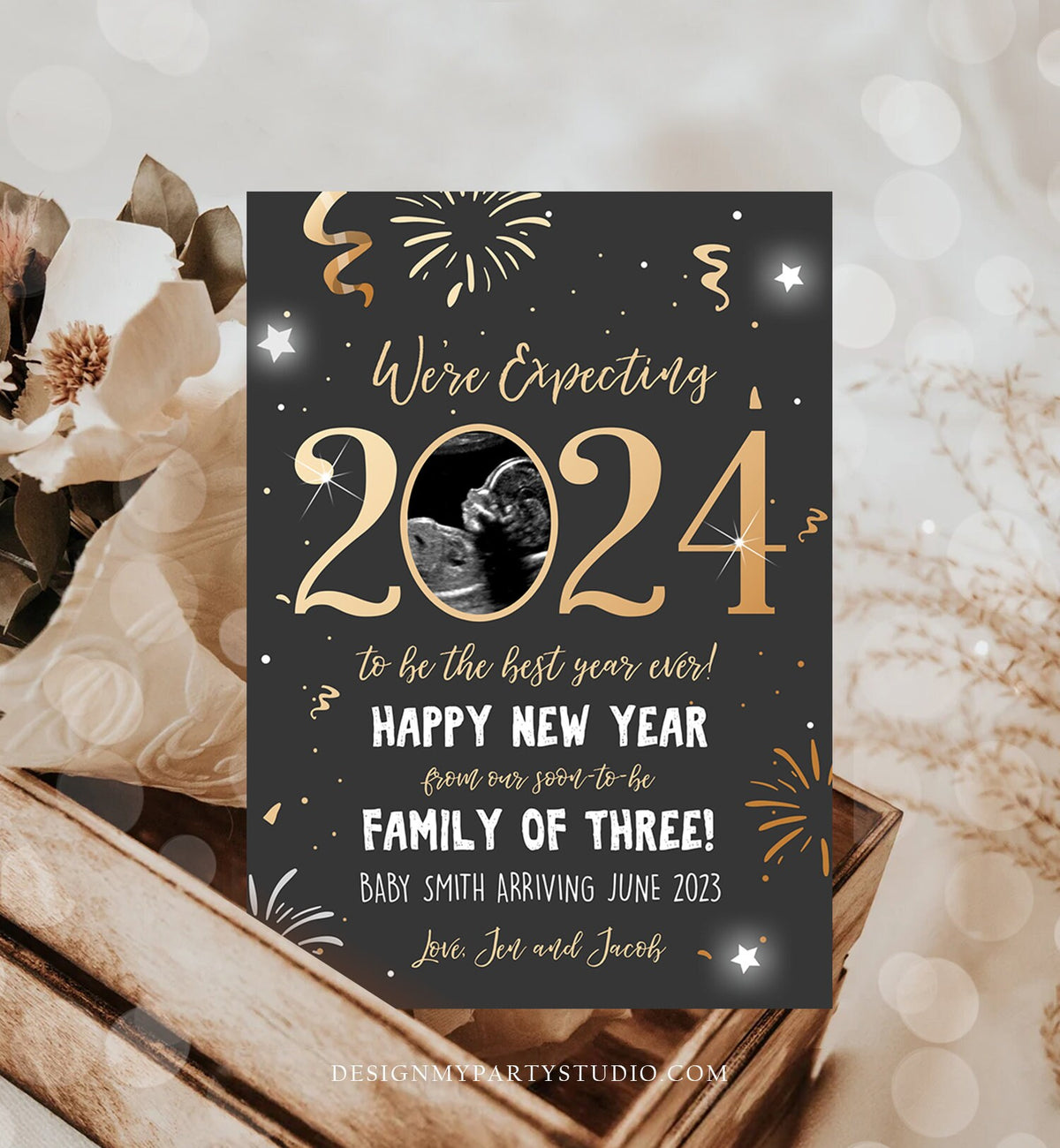 Editable New Year Pregnancy Reveal Card Pregnancy Announcement New Years 2024 Ultrasound Card Instant Download Digital Corjl Template 0280