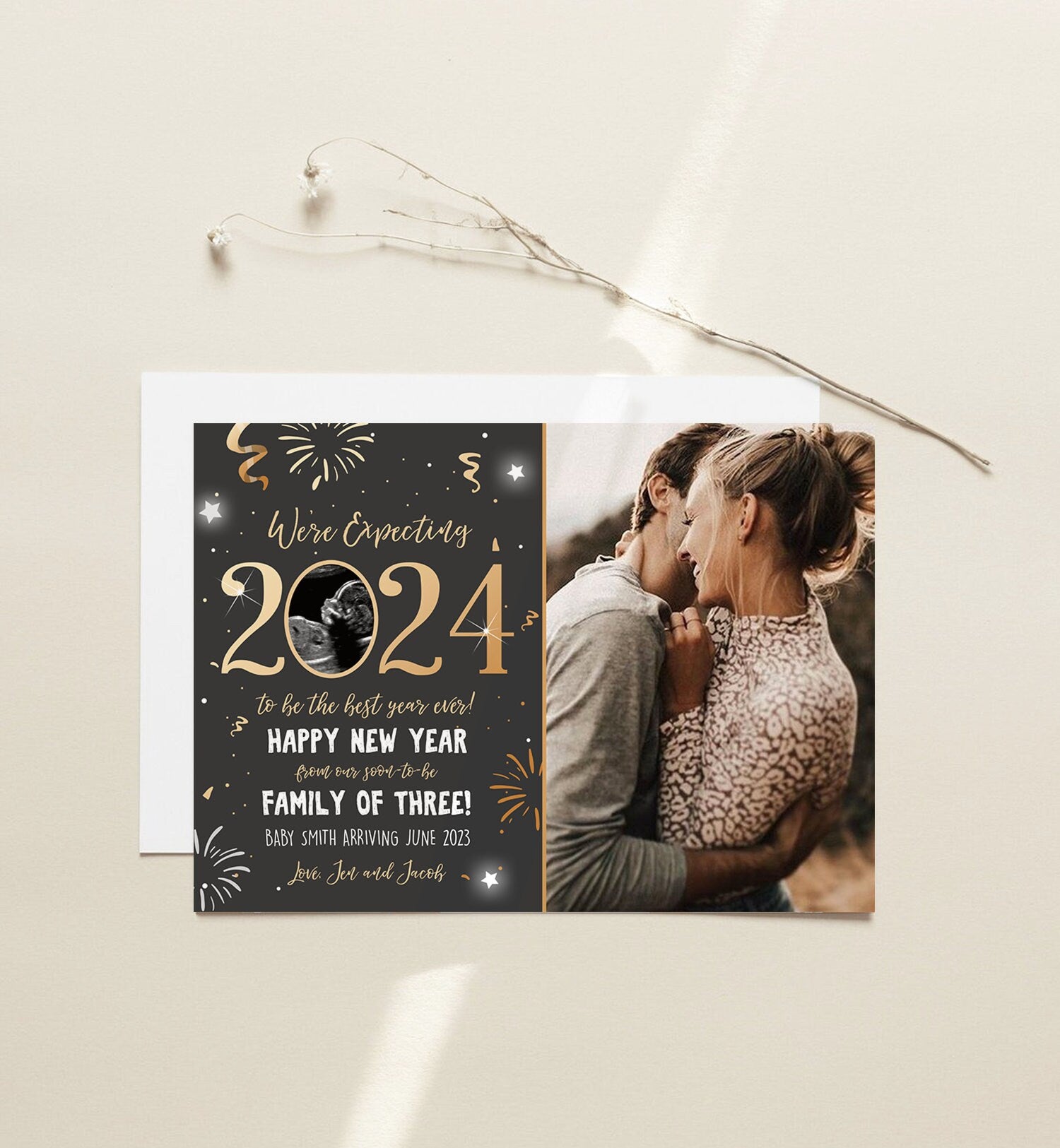 Editable New Year Pregnancy Reveal Card Pregnancy Announcement New Years 2024 Ultrasound Card Instant Download Digital Corjl Template 0280