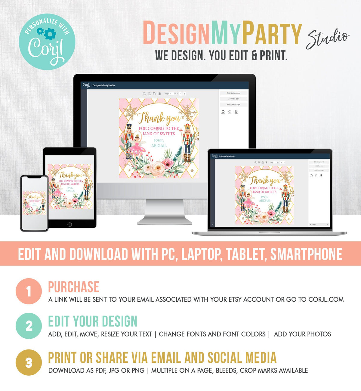 Editable Nutcracker Favor Tag Nutcracker Birthday Land of Sweets Thank You Tag Sugar Plum Fairy Christmas Winter Pink Gold Girl Corjl 0352