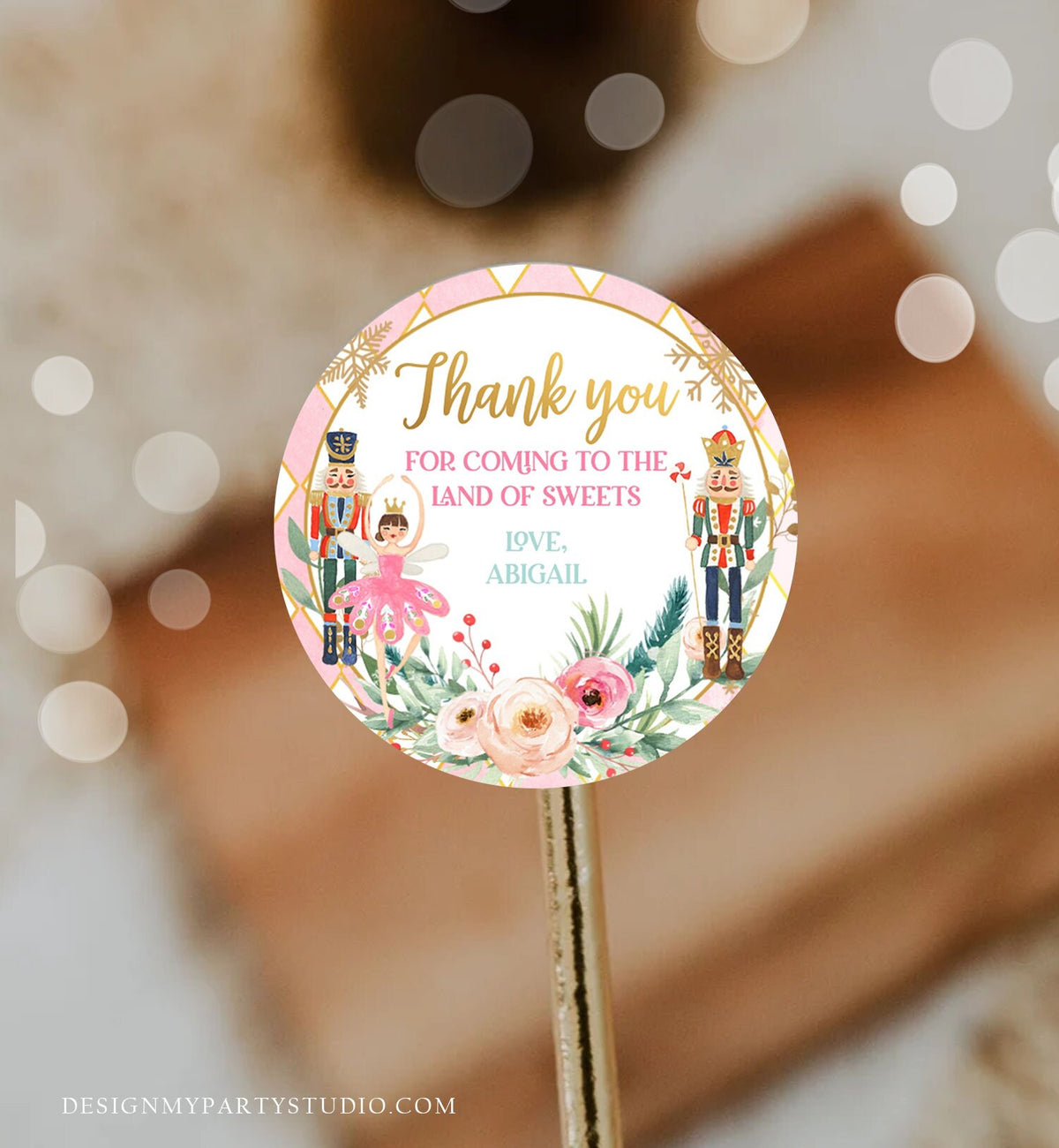 Editable Nutcracker Favor Tag Nutcracker Birthday Land of Sweets Thank You Tag Sugar Plum Fairy Christmas Winter Pink Gold Girl Corjl 0352