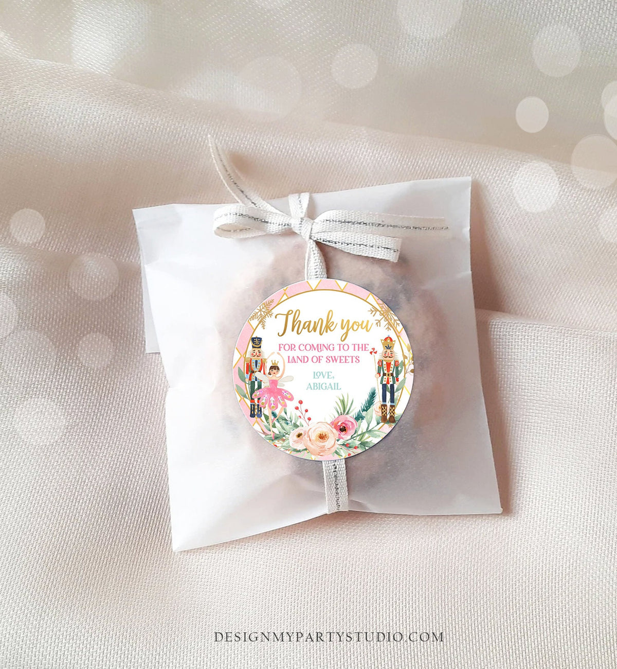 Editable Nutcracker Favor Tag Nutcracker Birthday Land of Sweets Thank You Tag Sugar Plum Fairy Christmas Winter Pink Gold Girl Corjl 0352