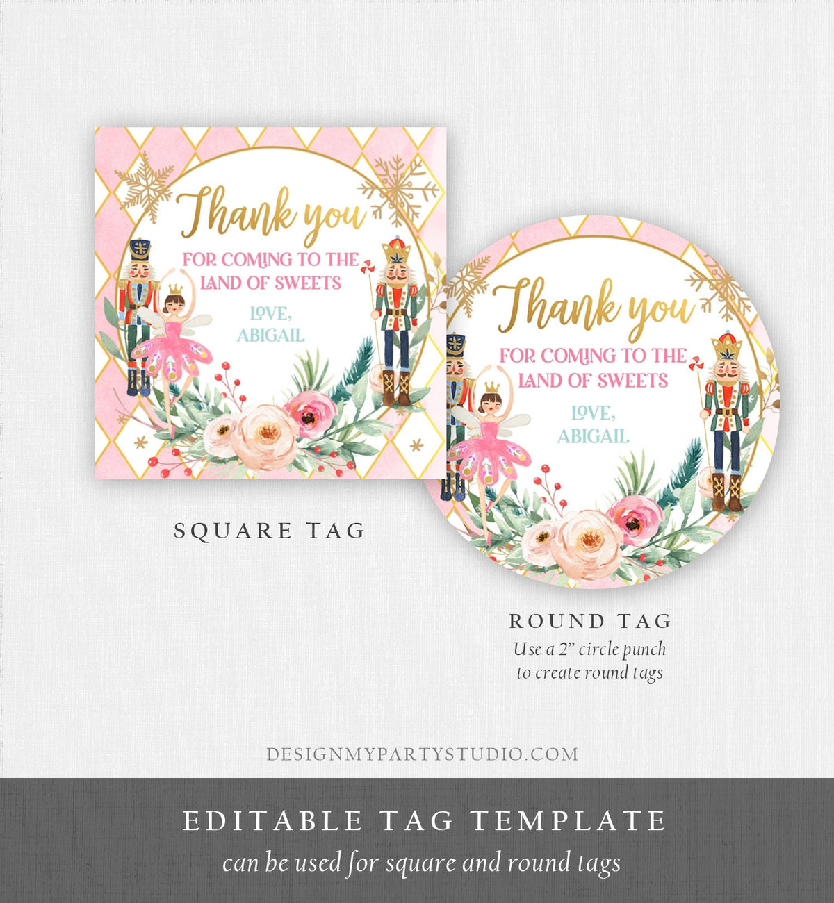 Editable Nutcracker Favor Tag Nutcracker Birthday Land of Sweets Thank You Tag Sugar Plum Fairy Christmas Winter Pink Gold Girl Corjl 0352