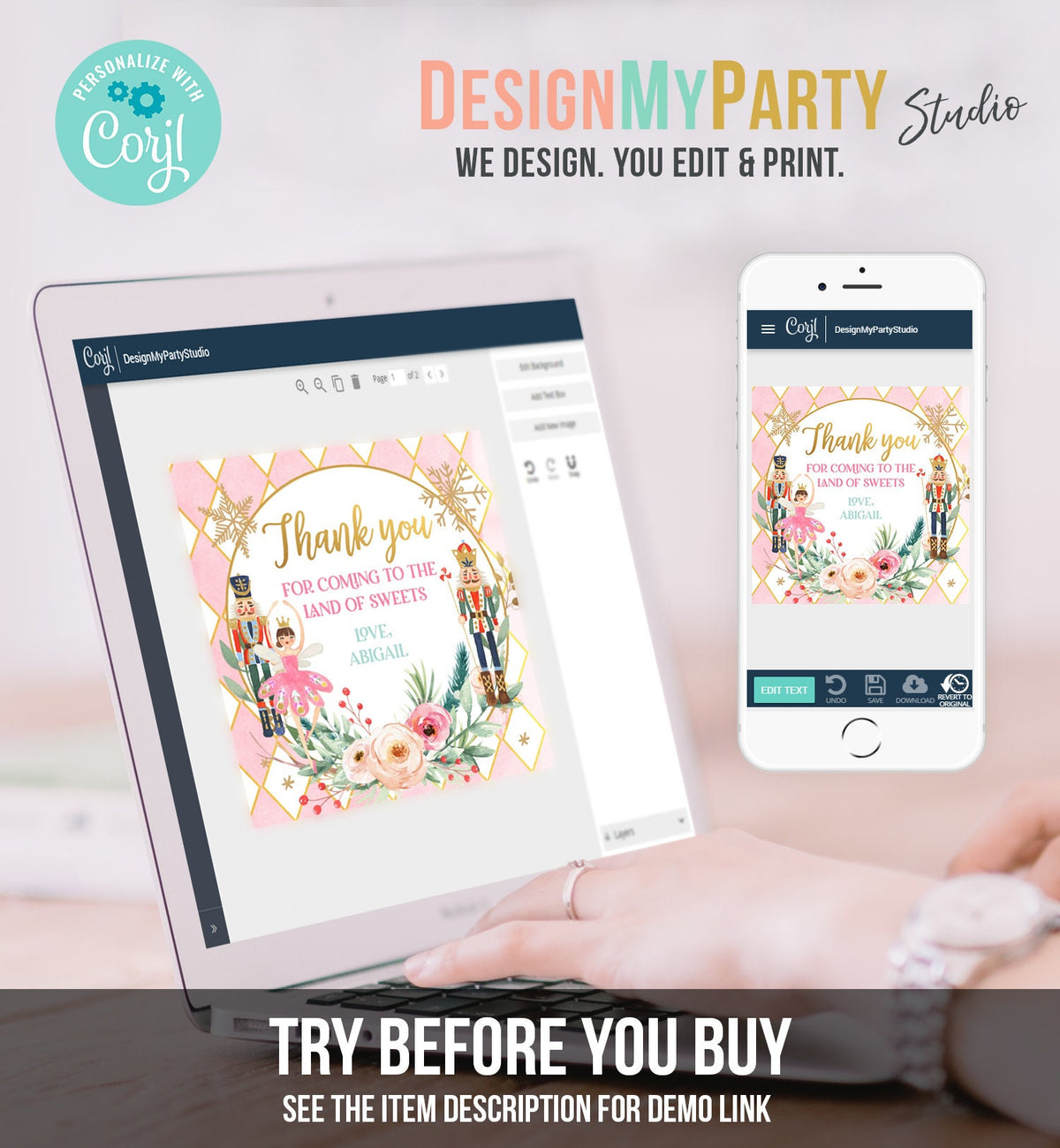 Editable Nutcracker Favor Tag Nutcracker Birthday Land of Sweets Thank You Tag Sugar Plum Fairy Christmas Winter Pink Gold Girl Corjl 0352