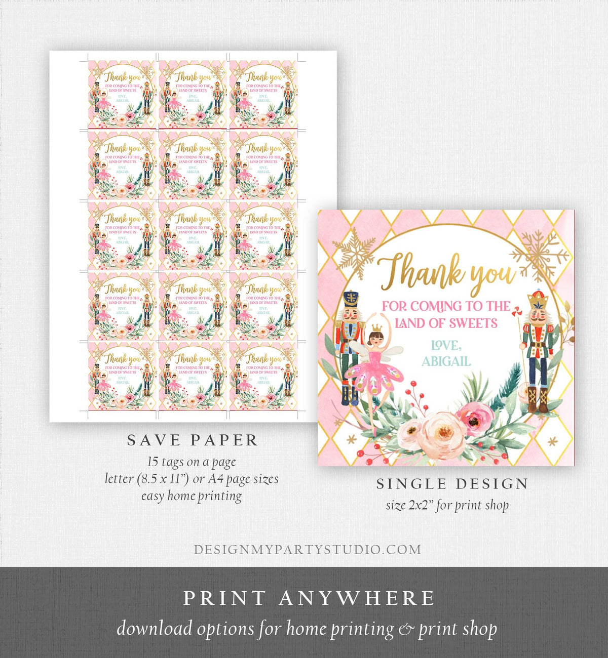 Editable Nutcracker Favor Tag Nutcracker Birthday Land of Sweets Thank You Tag Sugar Plum Fairy Christmas Winter Pink Gold Girl Corjl 0352