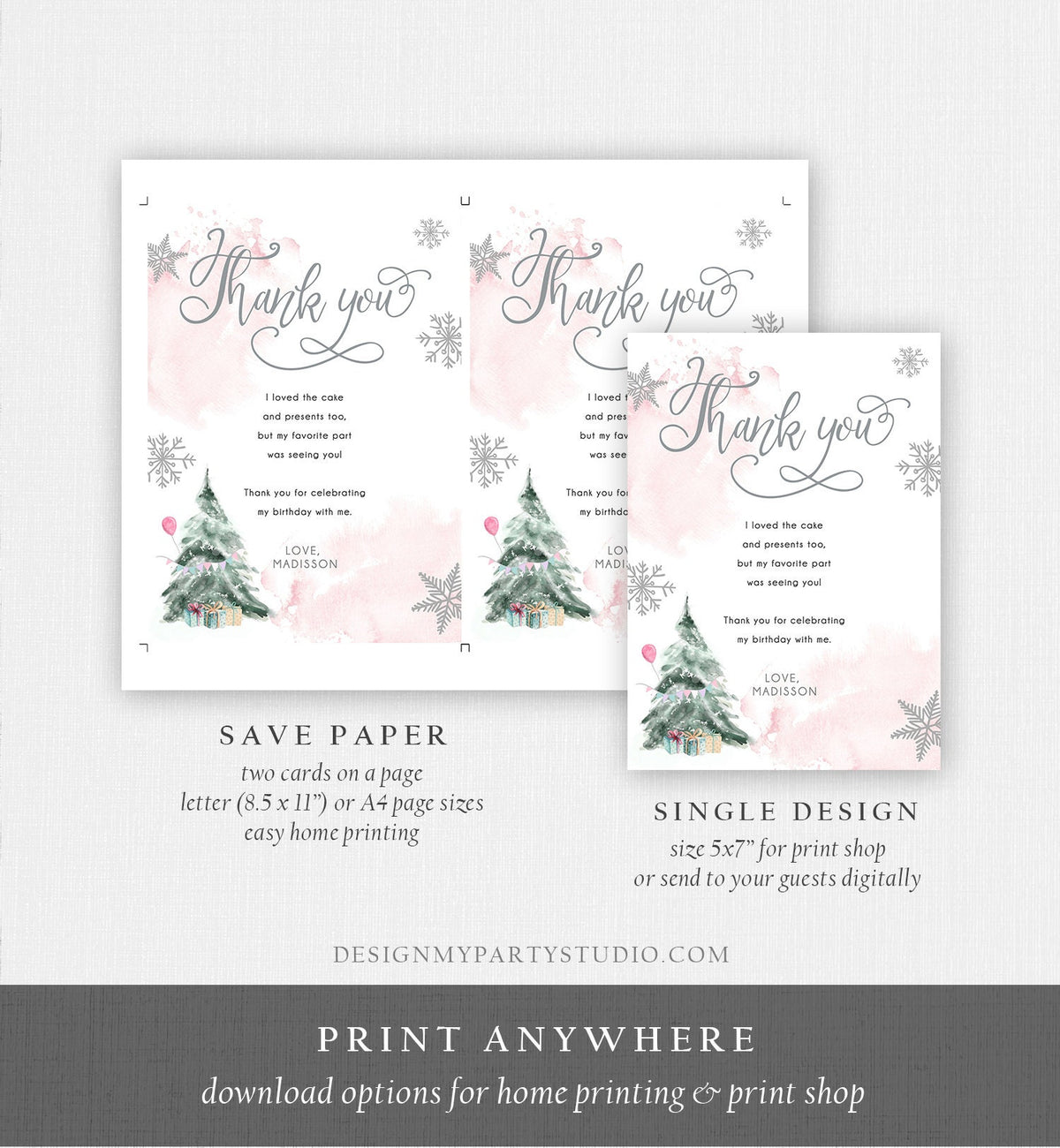Editable Winter Tree Thank You Card Watercolor Birthday Winter Onederland Pink Girl Christmas Snow Snowflake Digital Template Printable 0363
