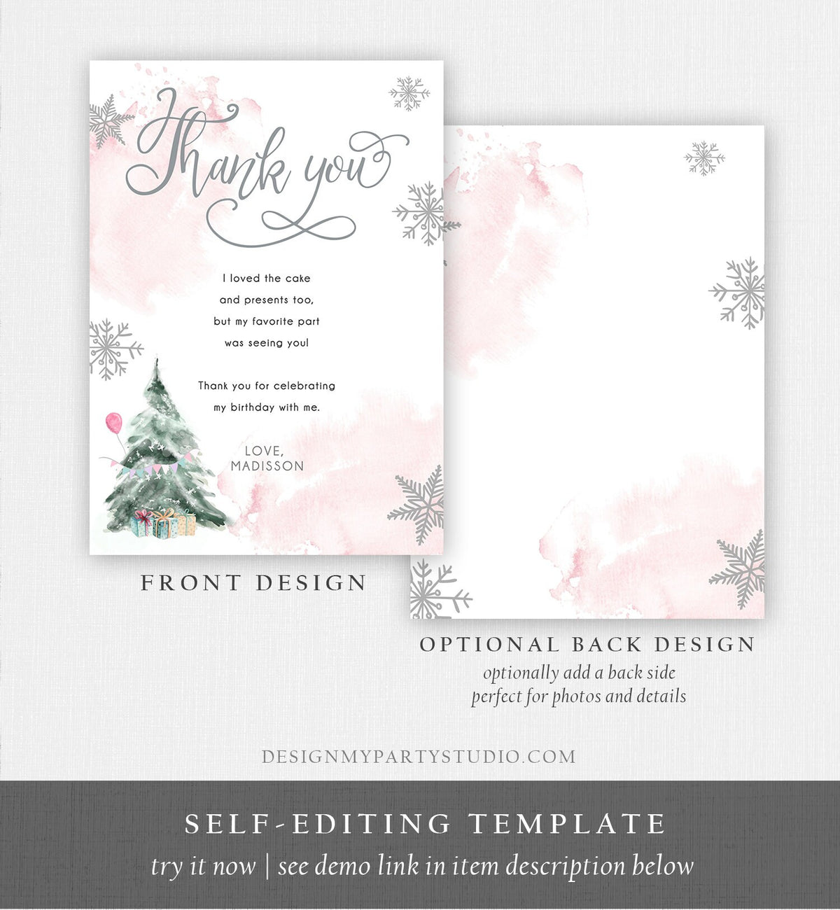 Editable Winter Tree Thank You Card Watercolor Birthday Winter Onederland Pink Girl Christmas Snow Snowflake Digital Template Printable 0363
