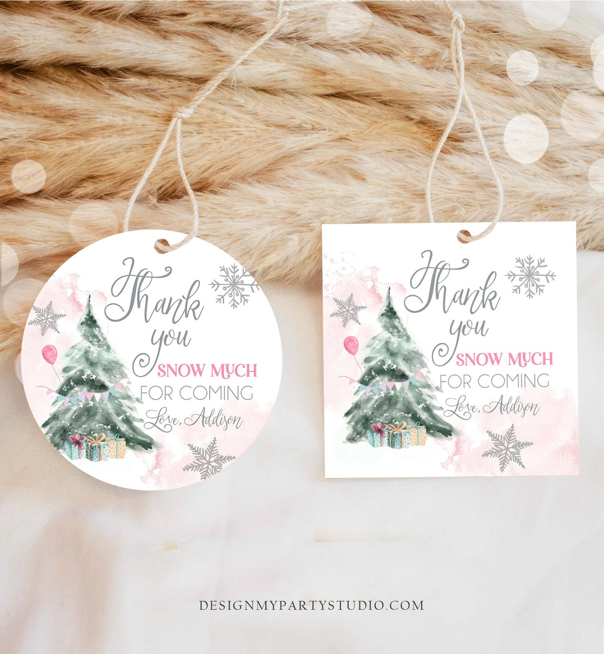 Editable Winter Tree Thank You Tag Winter Onederland Girl Christmas Thank You Snow Much Birthday Pink Silver Digital Template Printable 0363