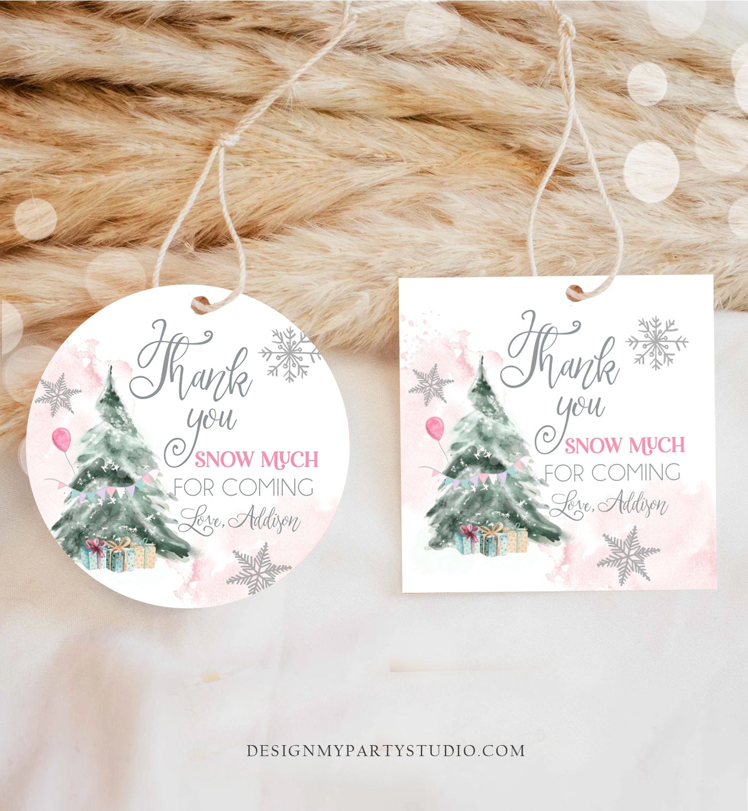 Editable Winter Tree Thank You Tag Winter Onederland Girl Christmas Thank You Snow Much Birthday Pink Silver Digital Template Printable 0363