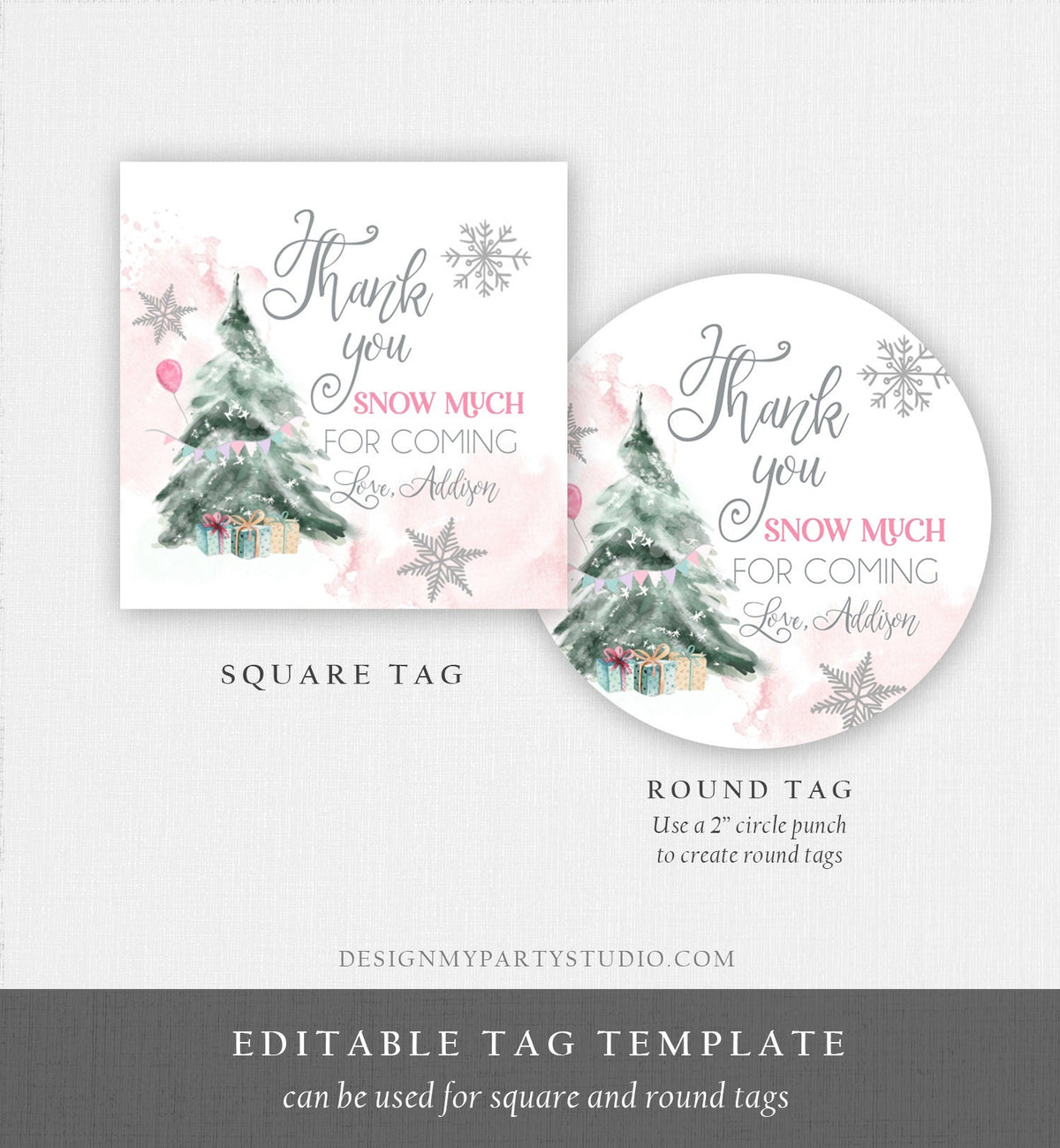 Editable Winter Tree Thank You Tag Winter Onederland Girl Christmas Thank You Snow Much Birthday Pink Silver Digital Template Printable 0363
