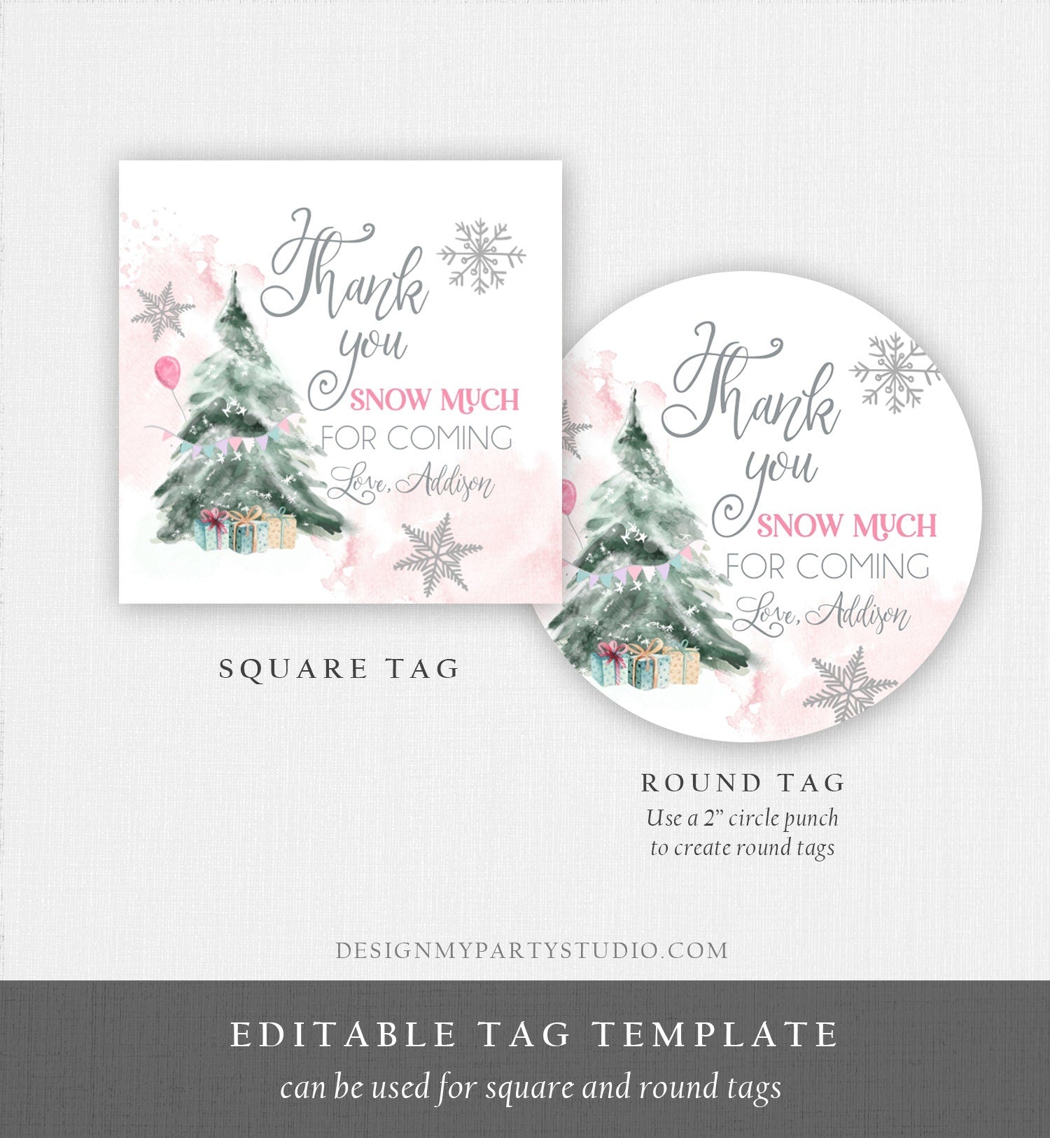 Editable Winter Tree Thank You Tag Winter Onederland Girl Christmas Thank You Snow Much Birthday Pink Silver Digital Template Printable 0363