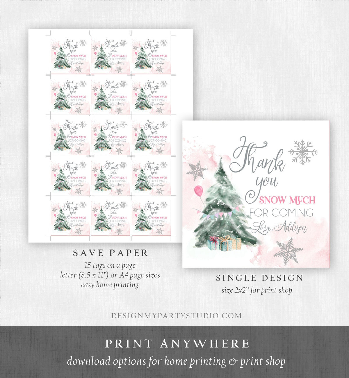 Editable Winter Tree Thank You Tag Winter Onederland Girl Christmas Thank You Snow Much Birthday Pink Silver Digital Template Printable 0363