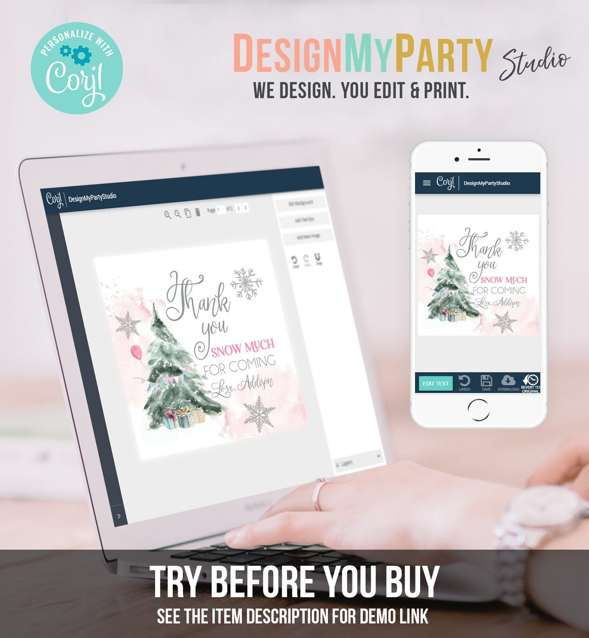 Editable Winter Tree Thank You Tag Winter Onederland Girl Christmas Thank You Snow Much Birthday Pink Silver Digital Template Printable 0363