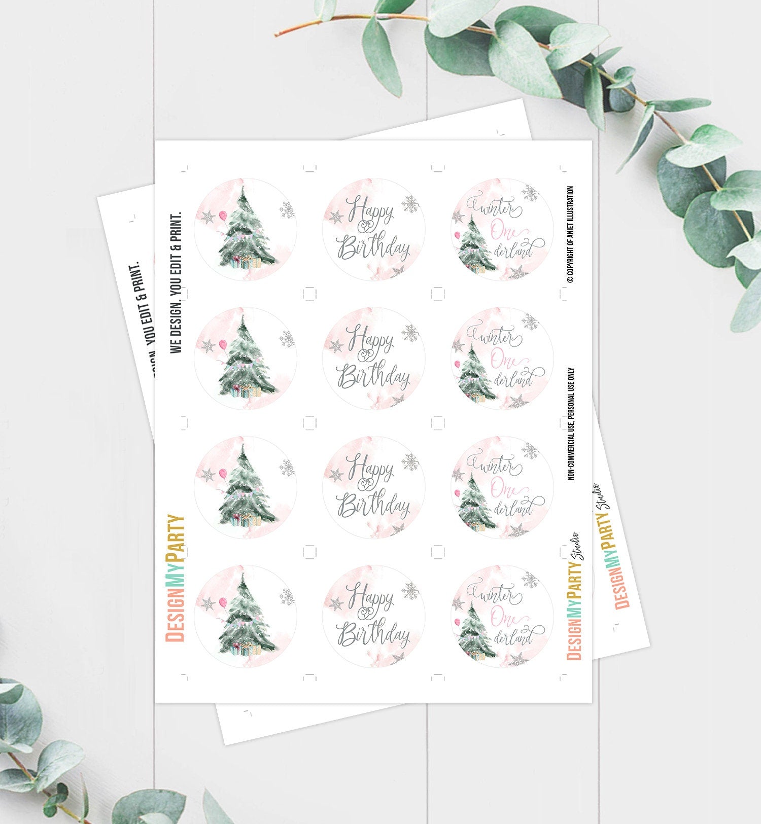 Winter ONEderland Cupcake Toppers Winter Tree Birthday Party Decorations Oh What Fun Silver Pink Stickers Tags Digital Printable 0363