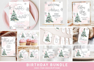 Winter ONEderland Birthday Bundle Christmas Girl Pink Silver 1st First Birthday Tree Snowflakes Watercolor Printable Corjl Template 0363