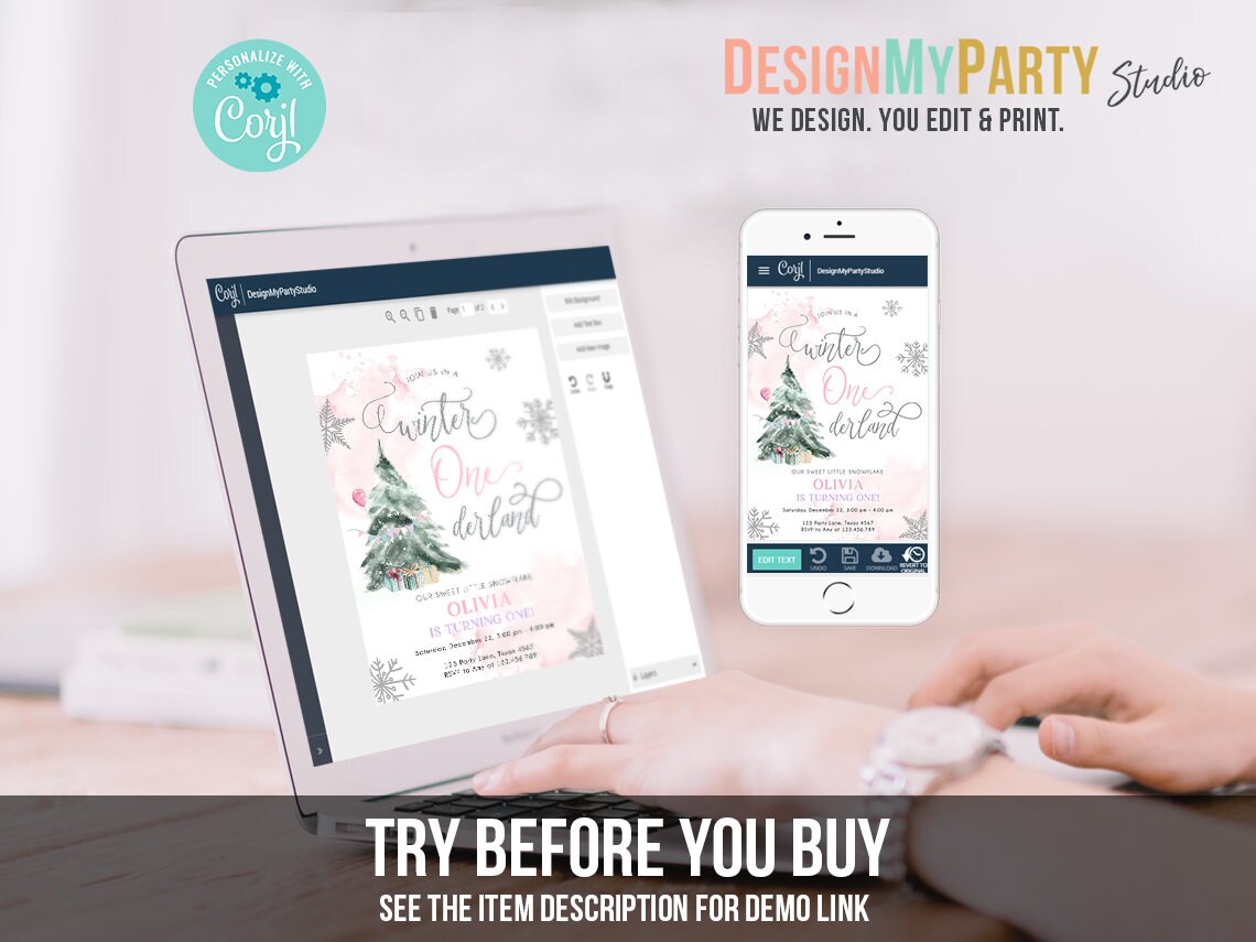 Winter ONEderland Birthday Bundle Christmas Girl Pink Silver 1st First Birthday Tree Snowflakes Watercolor Printable Corjl Template 0363