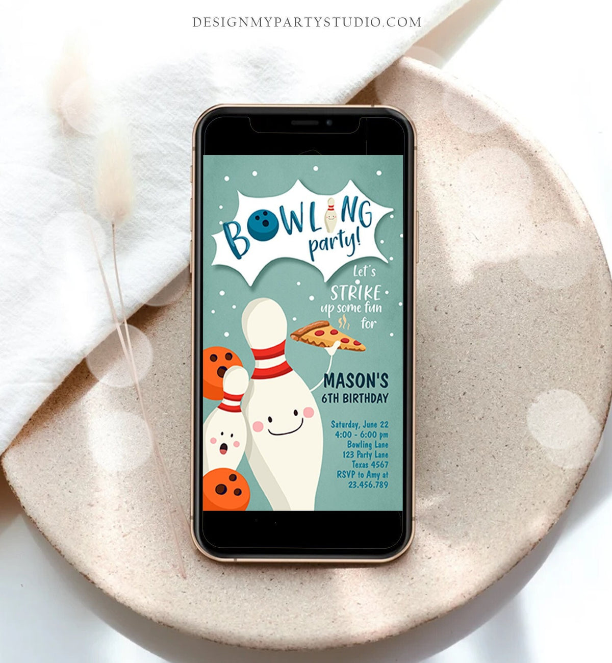 Editable Bowling Birthday Evite Strike Up Some Fun Boy Bowling Party Pizza Blue Download Phone Invitation Digital Template Corjl 0324