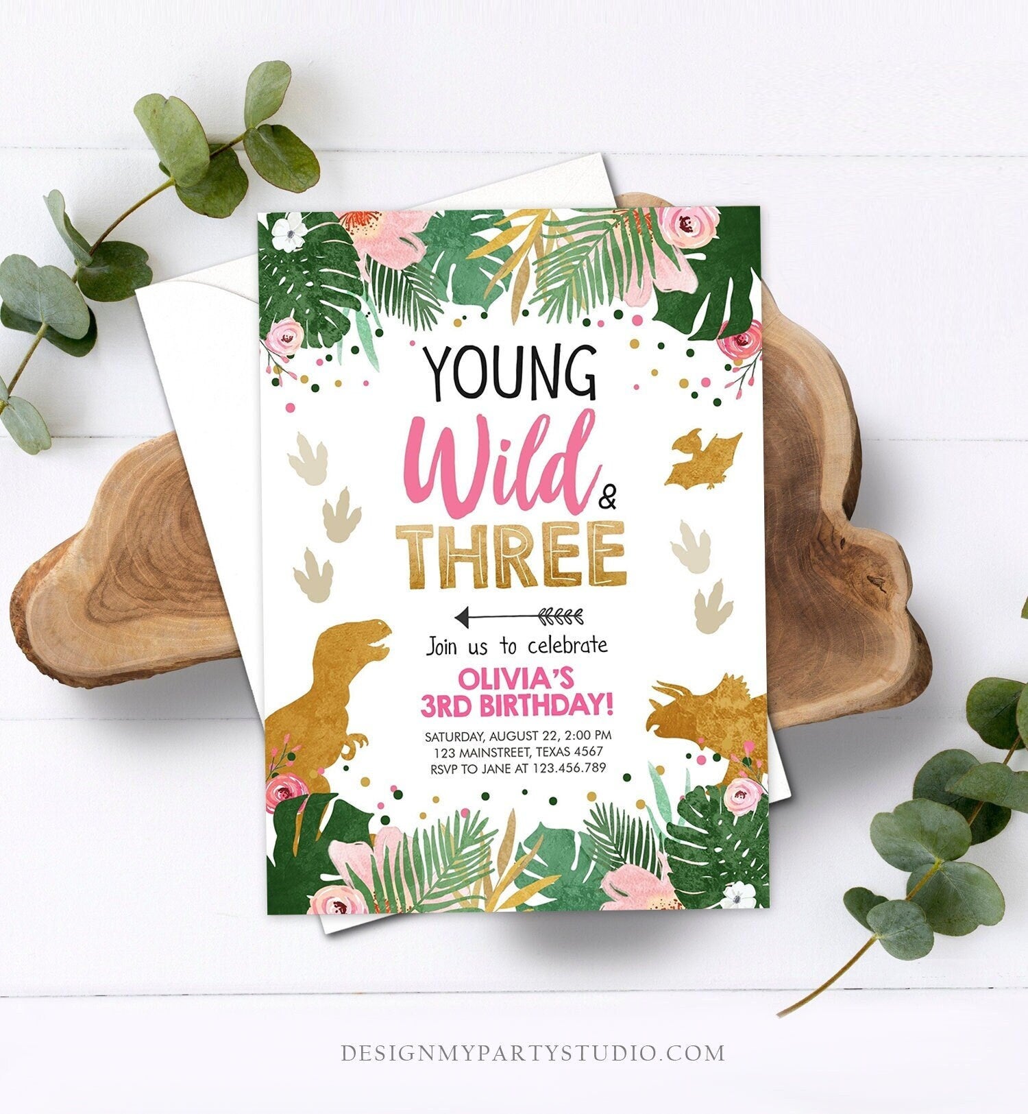 Editable Young Wild and Three Dinosaur Birthday Invitation Dinosaur Party Girl Pink Gold Third Birthday 3rd TRex Template Digital Evite 0146