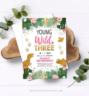 Editable Young Wild and Three Dinosaur Birthday Invitation Dinosaur Party Girl Pink Gold Third Birthday 3rd Corjl Template Digital 0146