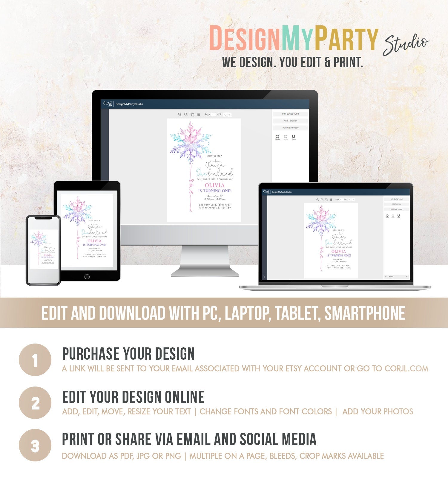 Editable Winter ONEderland Birthday Invitation First Birthday 1st Girl Pink Purple Snowflake Watercolor Digital Template Printable 0494