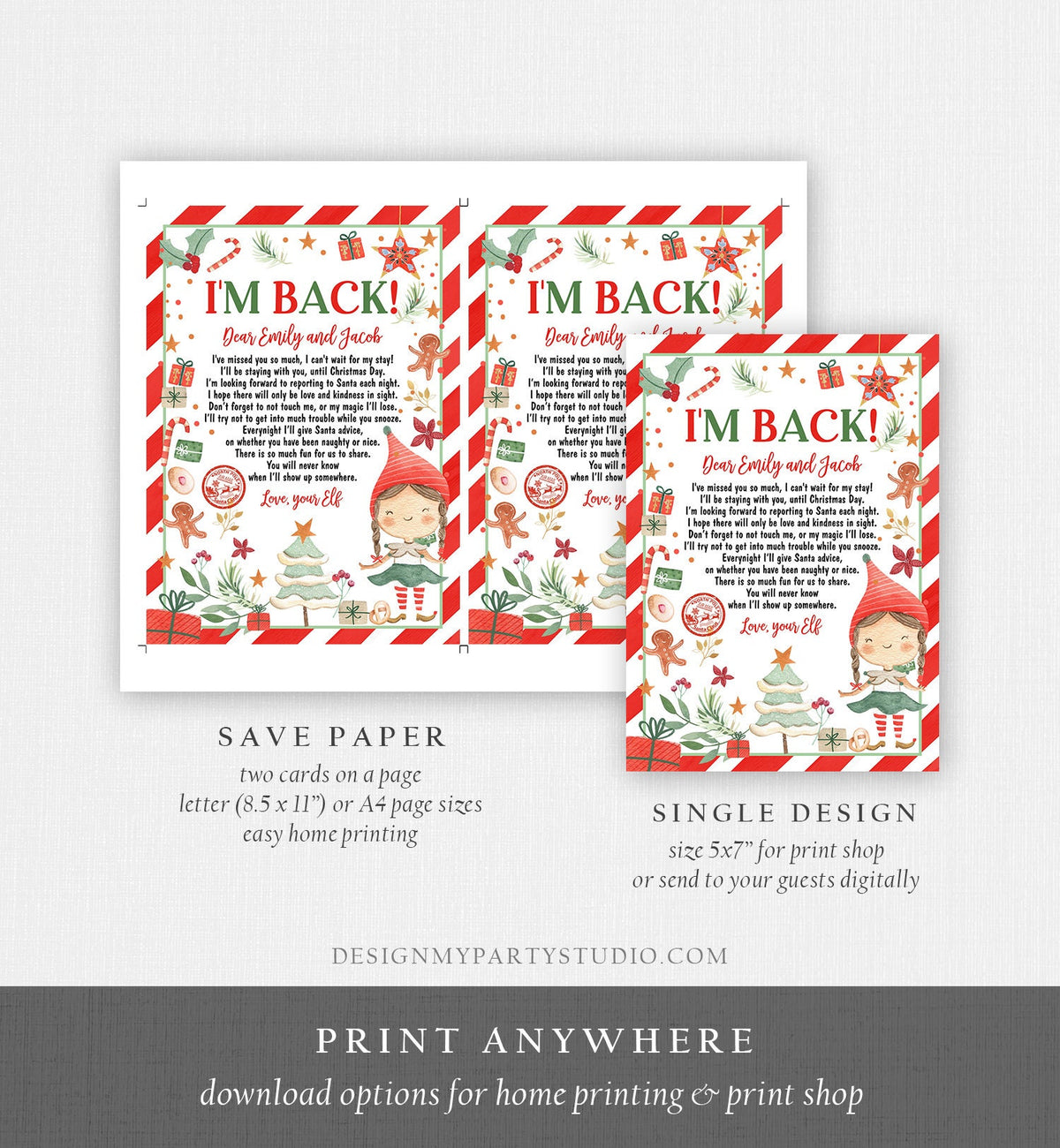 Editable Elf Arrival Letter Return Letter Christmas Elf I&#39;m Back Letter from Elf Welcome Hello from Elf Girl Digital Printable Template 0358