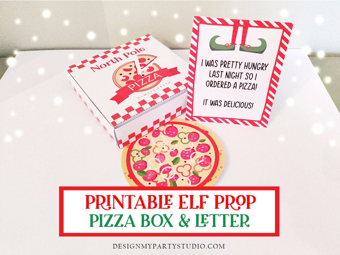 Printable Christmas Elf Prop Miniature PIzza Box with Pizza and Elf Letter Instant Download Elf Props Activities Accessory Doll Funny DIY