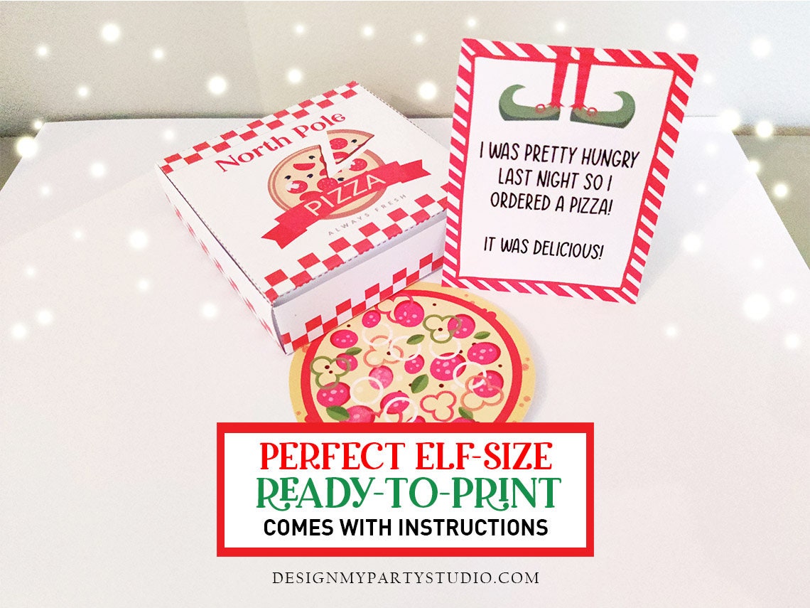Printable Christmas Elf Prop Miniature PIzza Box with Pizza and Elf Letter Instant Download Elf Props Activities Accessory Doll Funny DIY