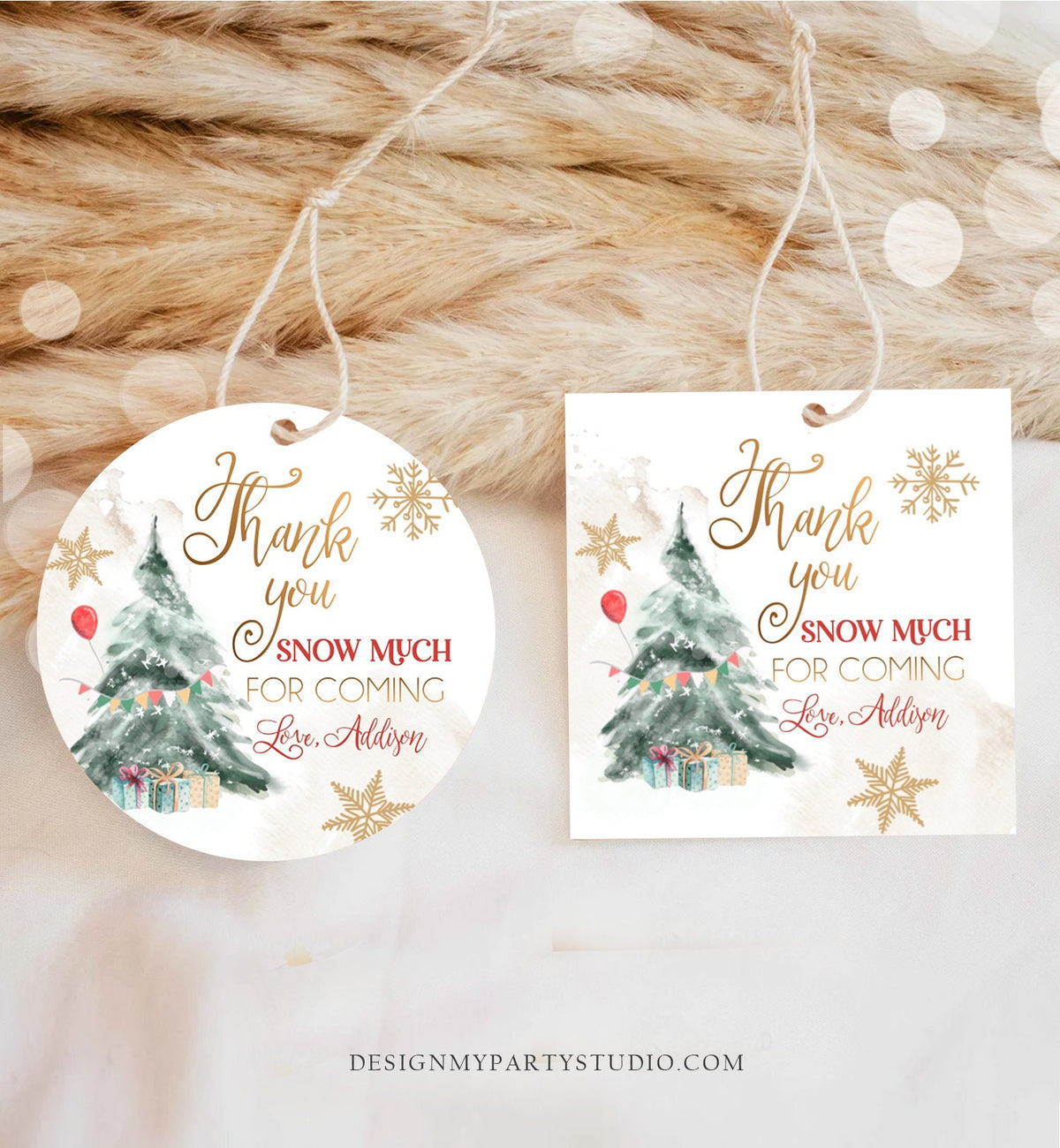 Editable Winter Tree Thank You Tag Winter Onederland Neutral Red Gold Christmas Thank You Snow Much Birthday Digital Template Printable 0363