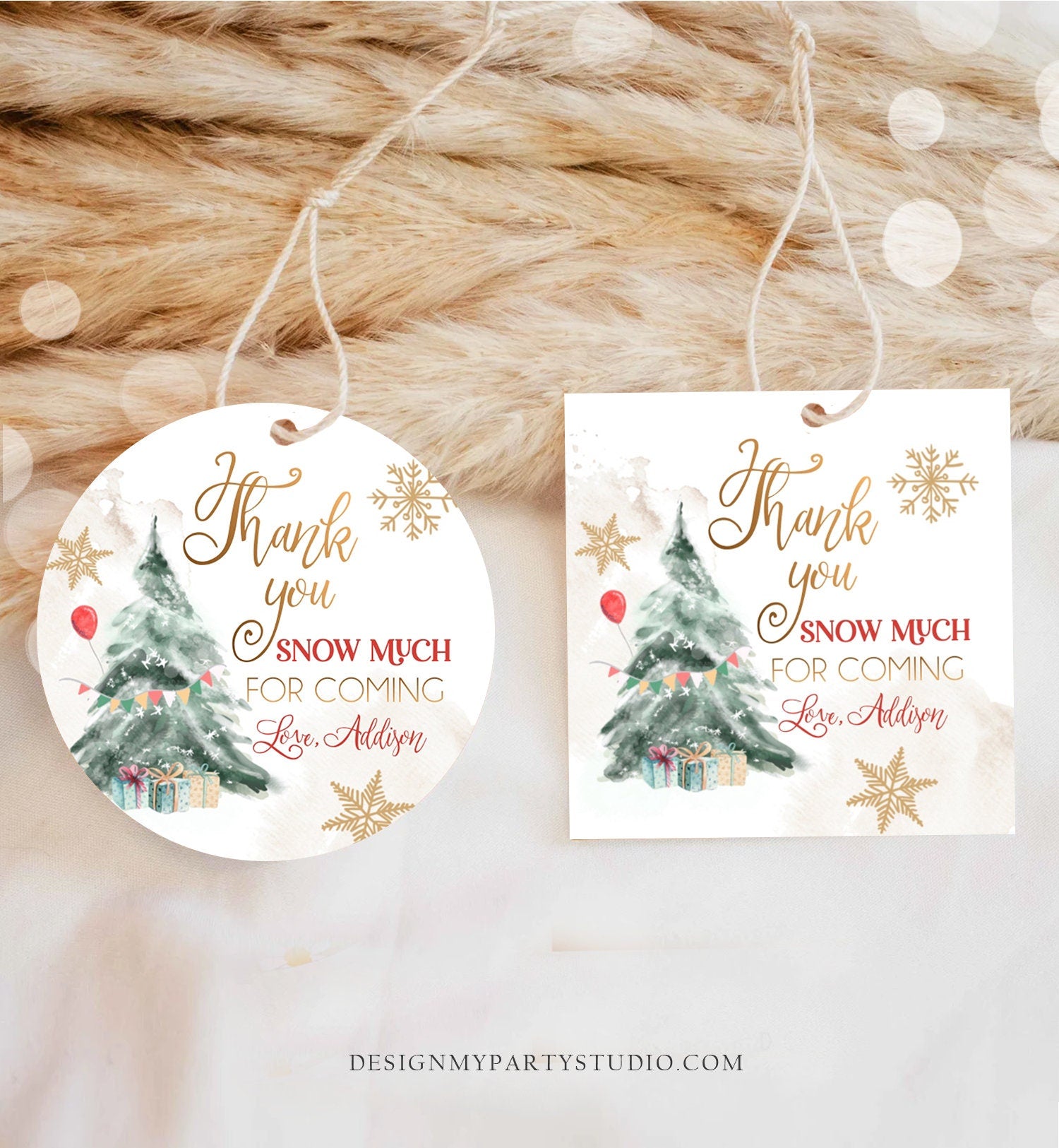 Editable Winter Tree Thank You Tag Winter Onederland Neutral Red Gold Christmas Thank You Snow Much Birthday Digital Template Printable 0363