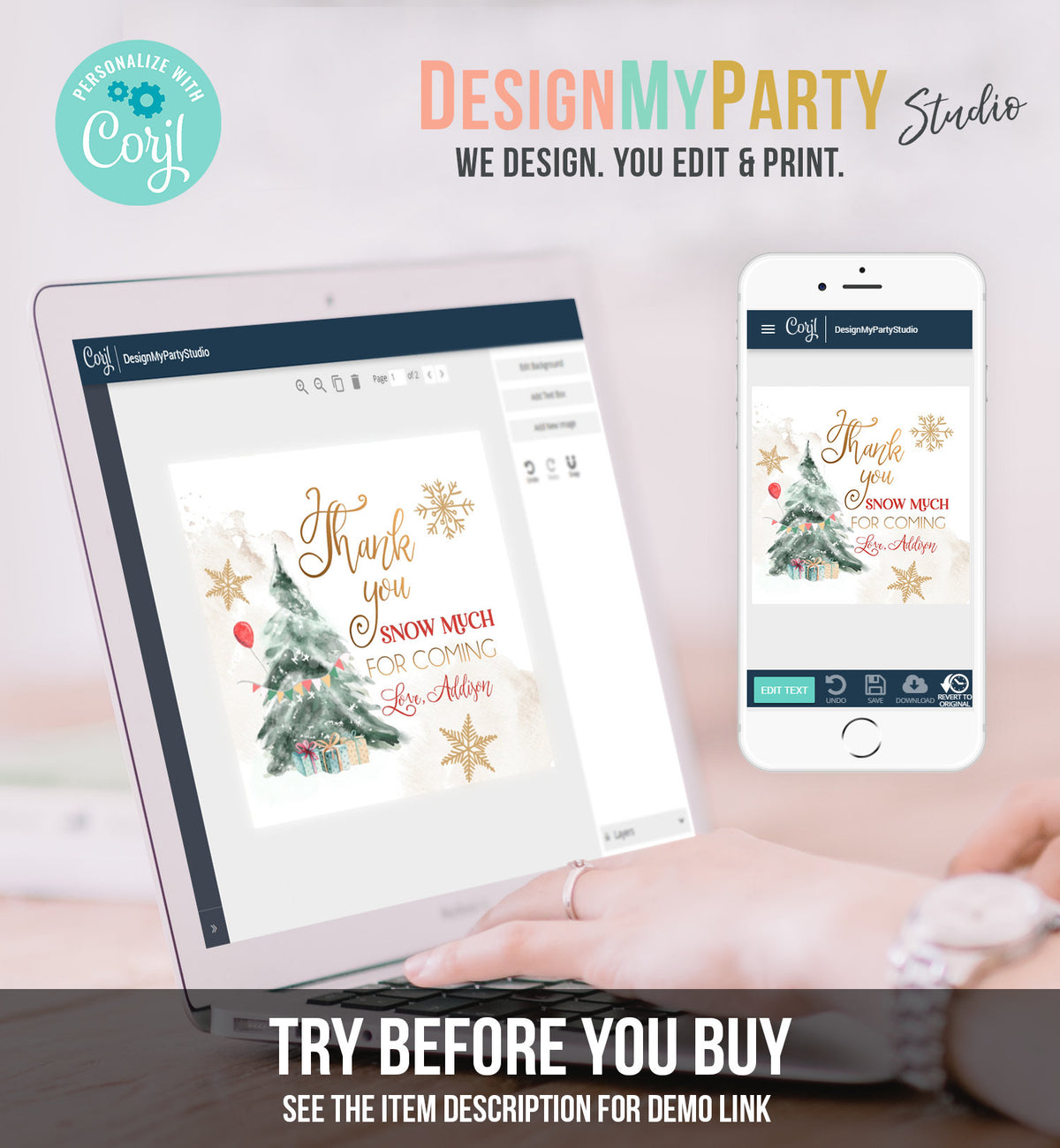 Editable Winter Tree Thank You Tag Winter Onederland Neutral Red Gold Christmas Thank You Snow Much Birthday Digital Template Printable 0363