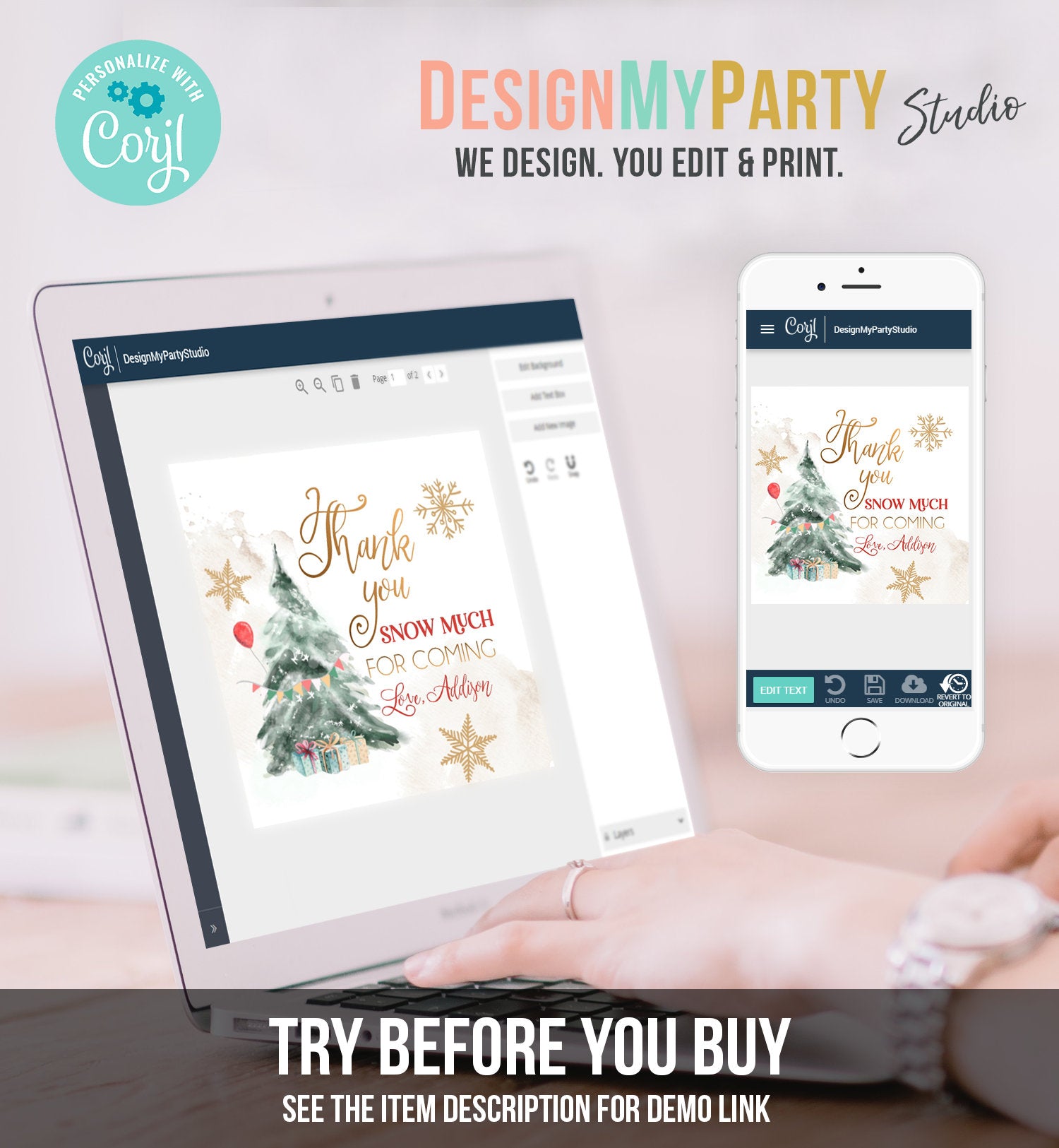 Editable Winter Tree Thank You Tag Winter Onederland Neutral Red Gold Christmas Thank You Snow Much Birthday Digital Template Printable 0363