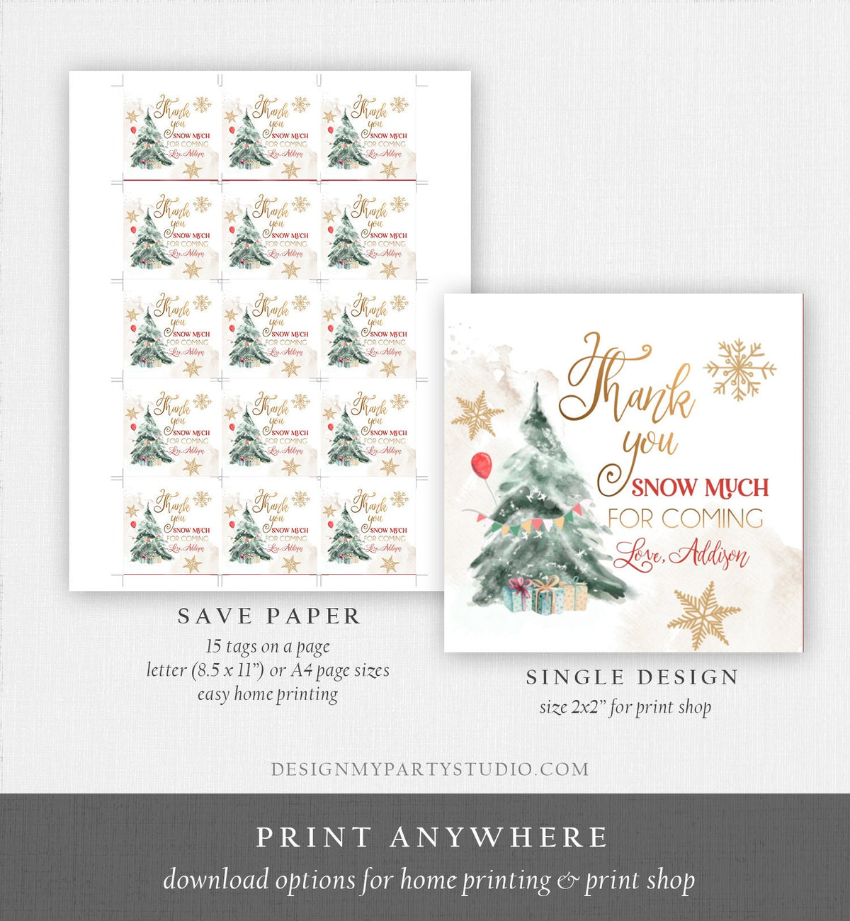 Editable Winter Tree Thank You Tag Winter Onederland Neutral Red Gold Christmas Thank You Snow Much Birthday Digital Template Printable 0363