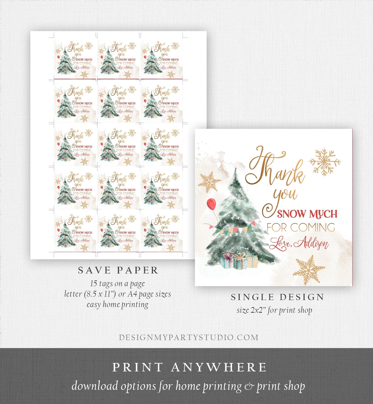 Editable Winter Tree Thank You Tag Winter Onederland Neutral Red Gold Christmas Thank You Snow Much Birthday Digital Template Printable 0363
